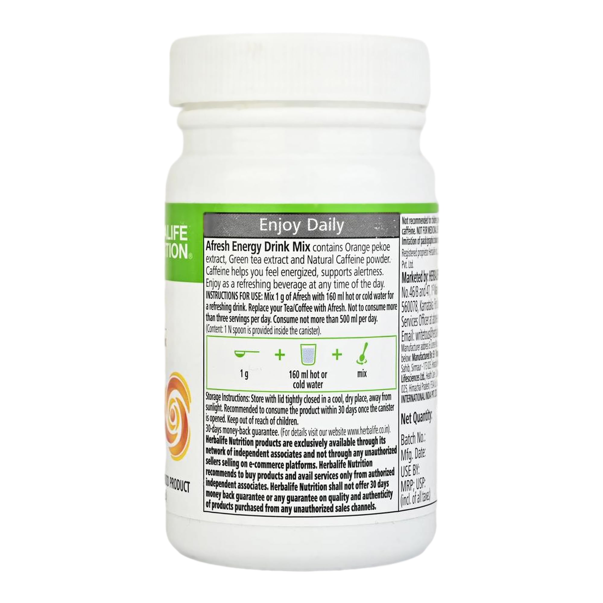 Herbalife Nutrition Afresh Energy Drink Mix, Ginger, 50g Powder - back view