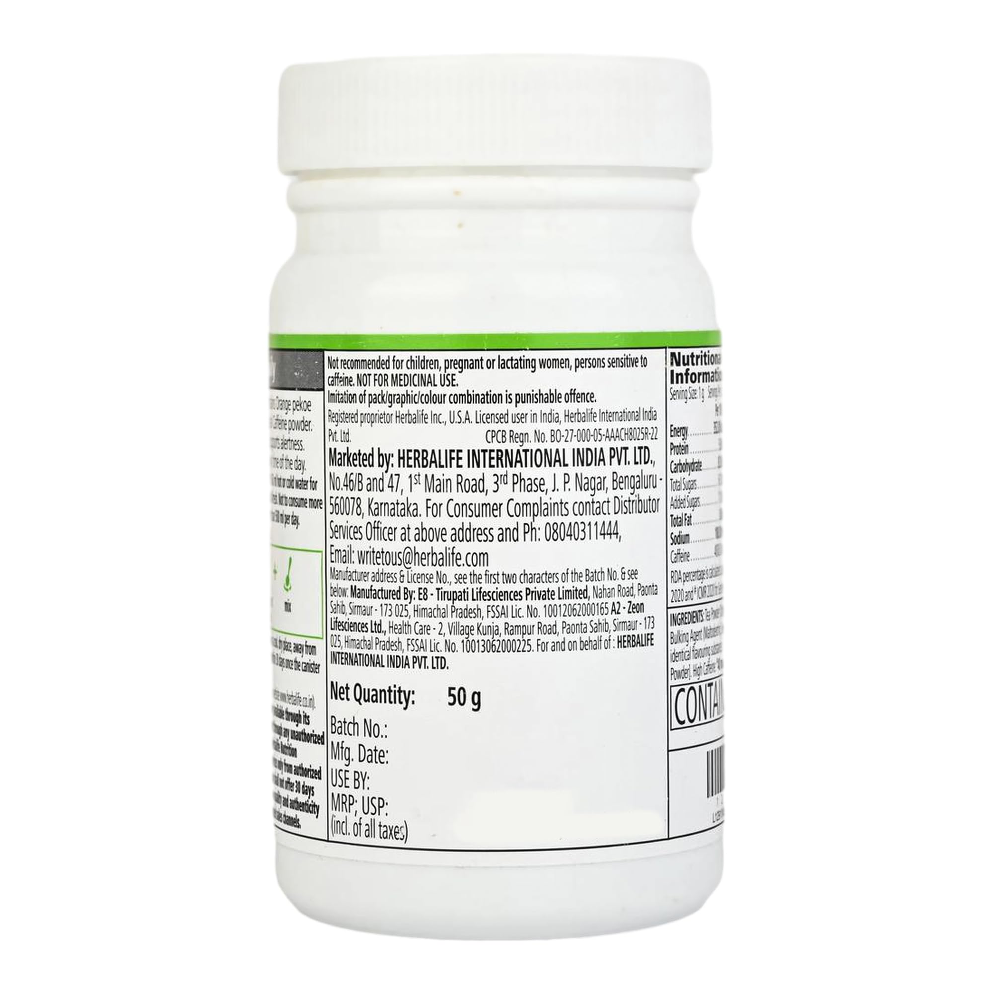 Herbalife Nutrition Afresh Energy Drink Mix, Ginger, 50g Powder - label detail