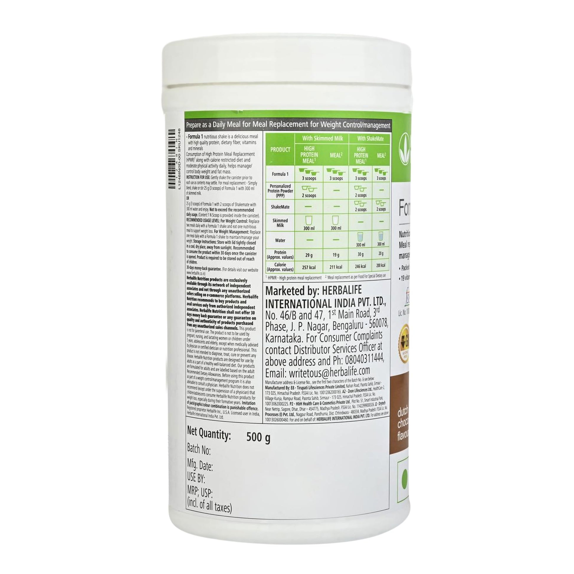 Herbalife Nutrition Formula 1 Shake Mix, 500g, Dutch Chocolate, Meal Replacement Beverage - packaging