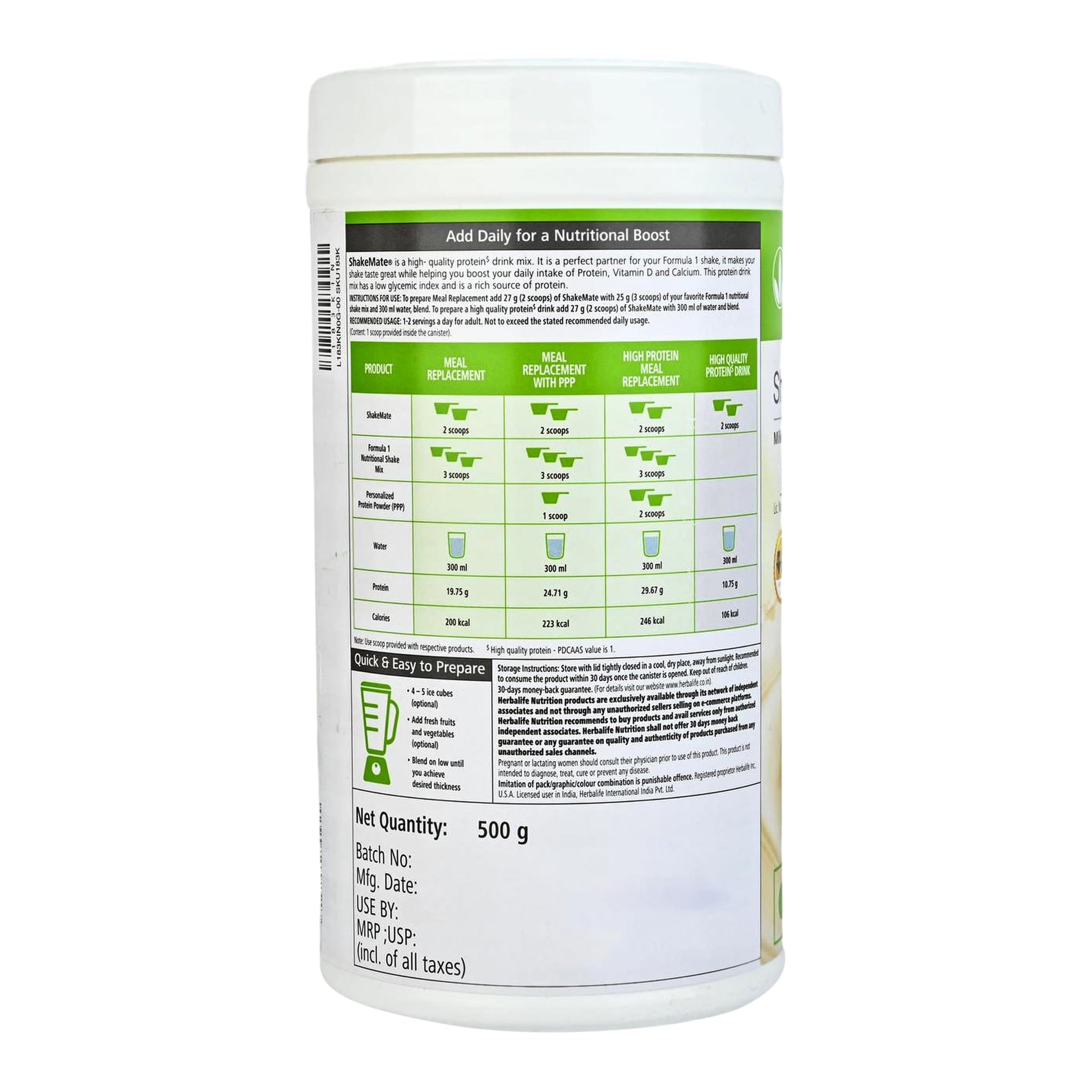 Herbalife Shakemate Powder, 500g, Plant-Based Protein Meal Replacement Shake Mix - packaging