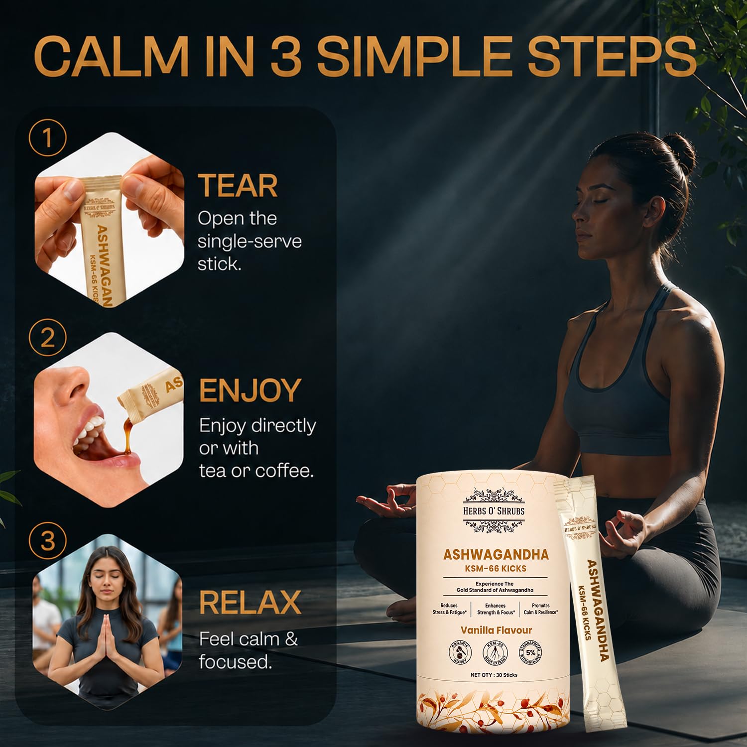 Herbs O' Shrubs KSM-66 Ashwagandha Honey Sticks, 400mg Root Extract with Organic Honey & Vanilla, Herbal Supplement - ingredi
