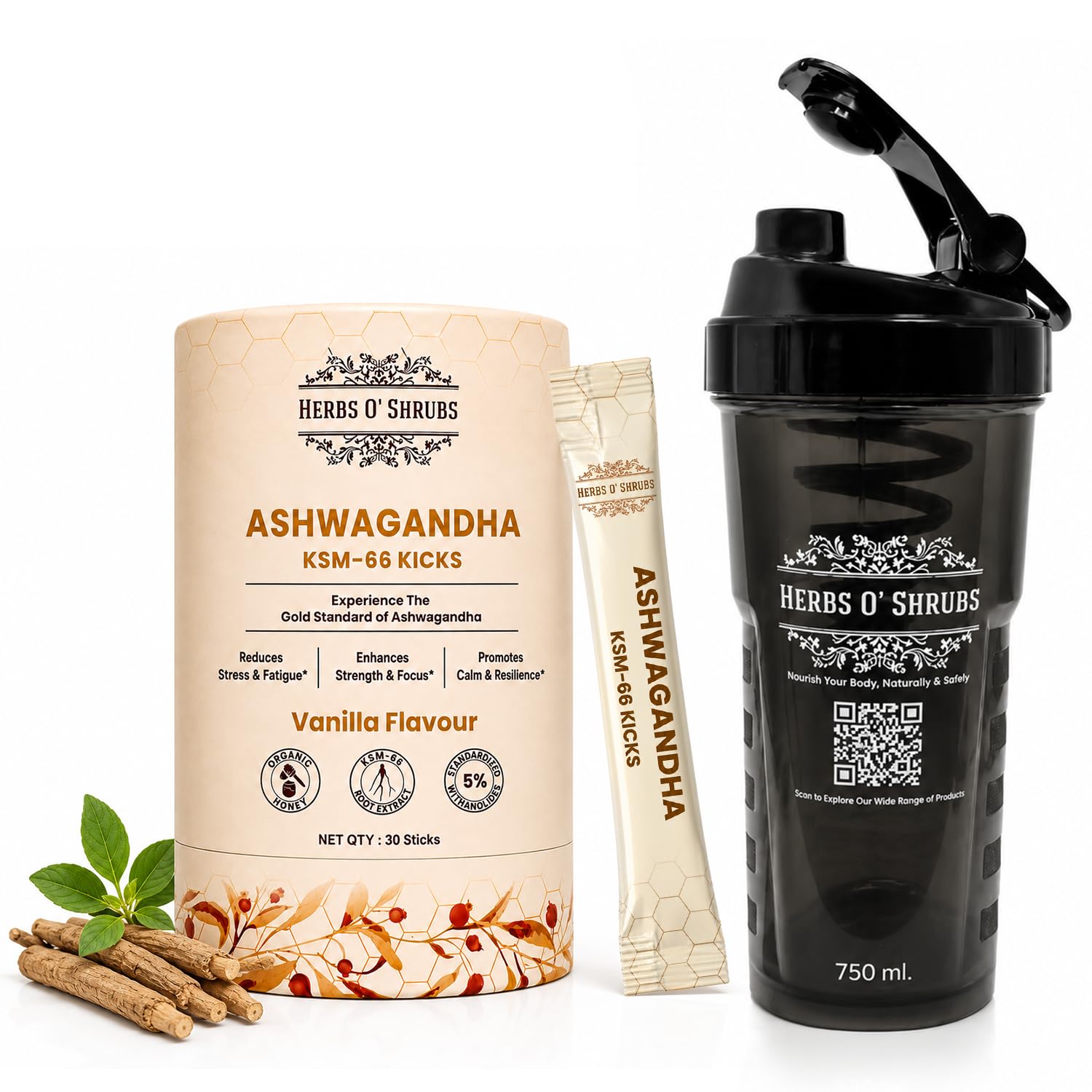 Herbs O' Shrubs KSM-66 Ashwagandha Honey Sticks, 400mg Root Extract with Organic Honey & Vanilla, Herbal Supplement - close-u