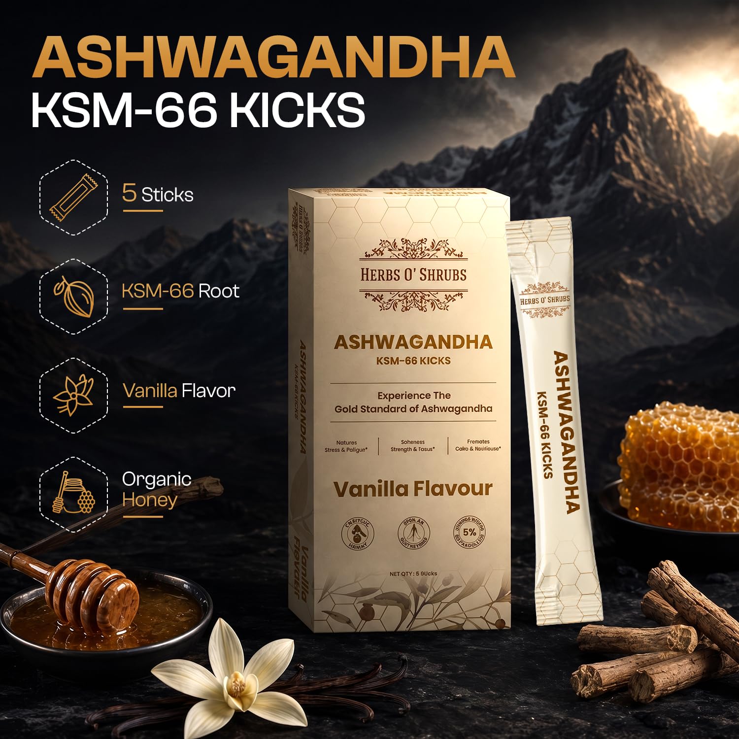 Herbs O' Shrubs KSM-66 Ashwagandha Honey Sticks, 400mg Root Extract with Organic Honey & Vanilla, Herbal Supplement - back vi
