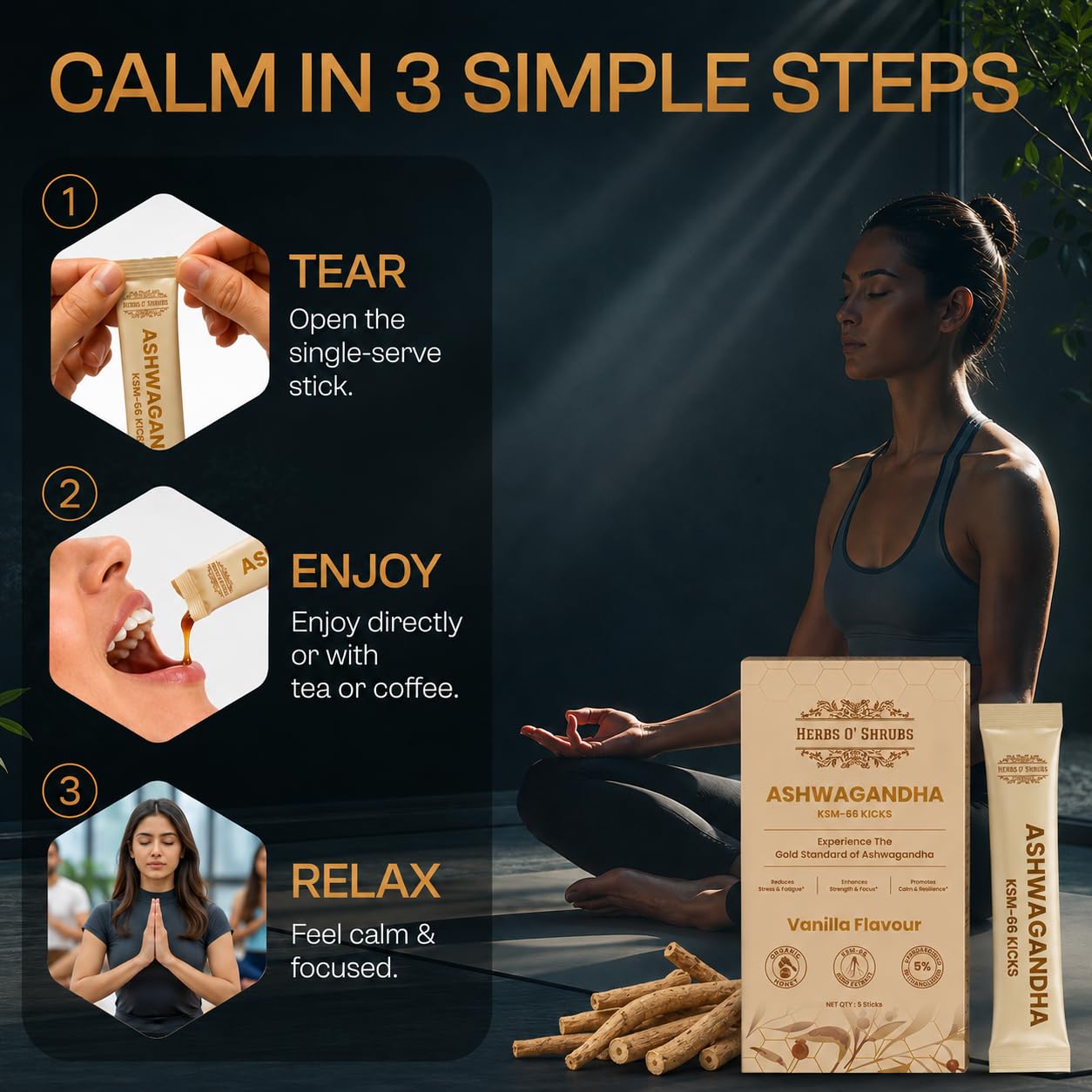 Herbs O' Shrubs KSM-66 Ashwagandha Honey Sticks, 400mg Root Extract with Organic Honey & Vanilla, Herbal Supplement - ingredi