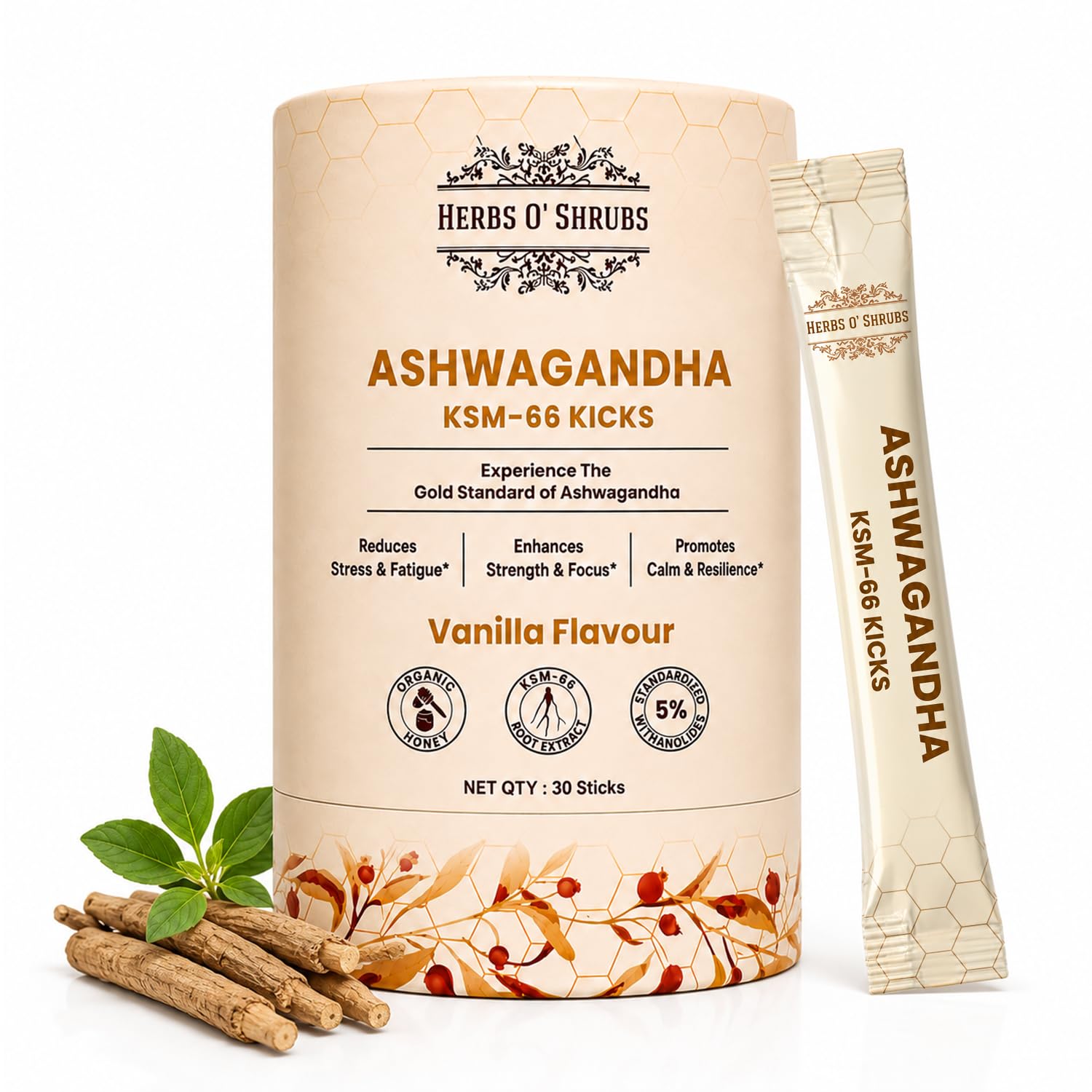 Herbs O' Shrubs KSM-66 Ashwagandha Honey Sticks, 400mg Root Extract with Organic Honey & Vanilla, Herbal Supplement (7)