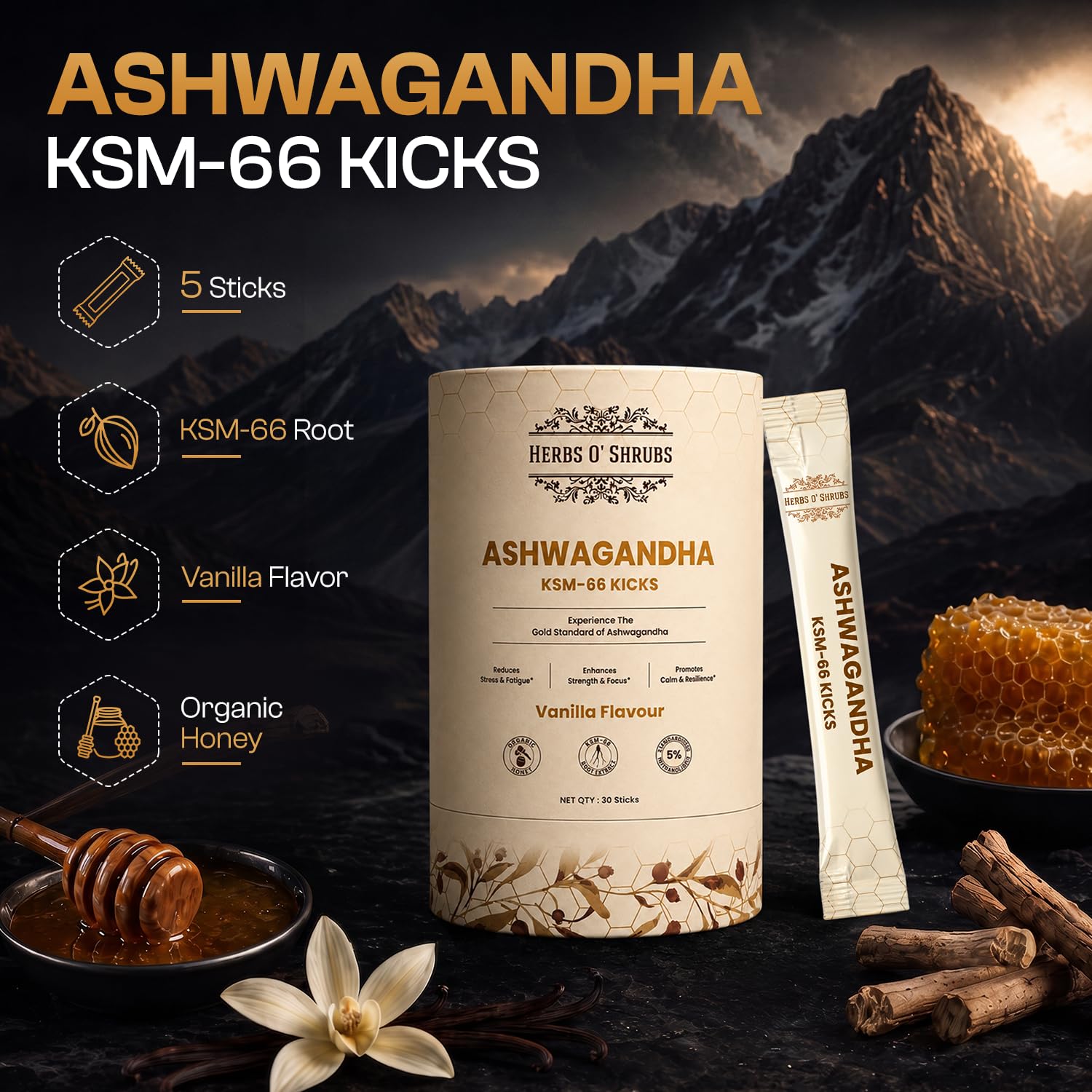Herbs O' Shrubs KSM-66 Ashwagandha Honey Sticks, 400mg Root Extract with Organic Honey & Vanilla, Herbal Supplement - back vi