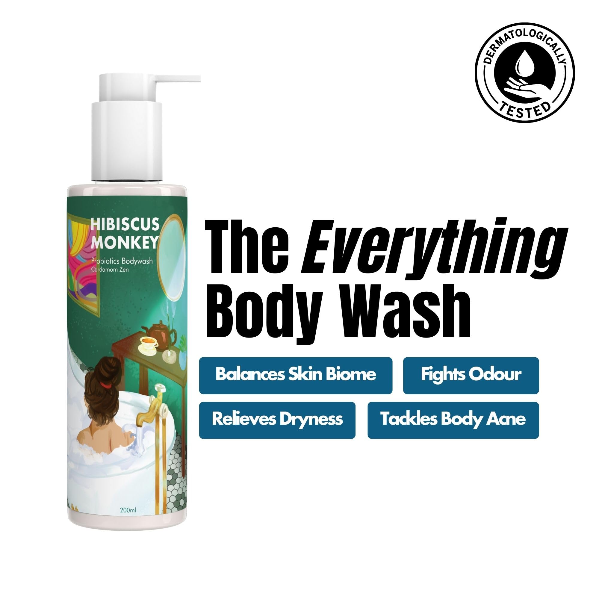 HIBISCUS MONKEY Probiotics Body Wash, 200ml, Plant-Derived, Dermatologist Tested, Unisex - front view