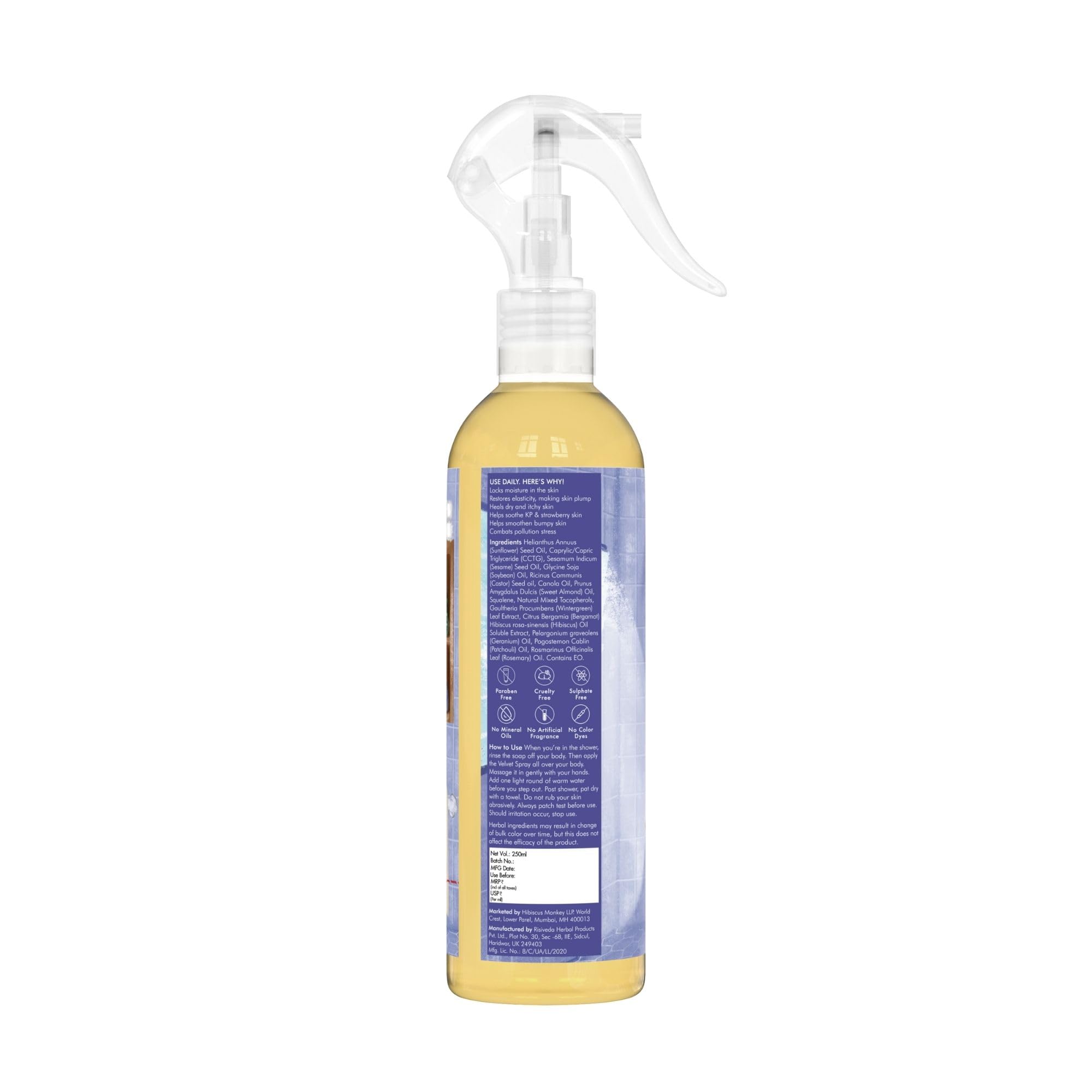 HIBISCUS MONKEY Velvet Spray Squalene In Shower Body Moisturizer, 250ml, Olive Squalane, Castor Oil, Plant Salicylic Acid - i