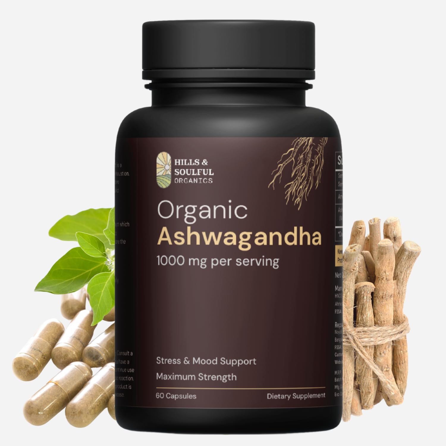 Hills and Soulful Organics Ashwagandha Root Powder Capsules, 1000mg, 60 Count, Vegetarian