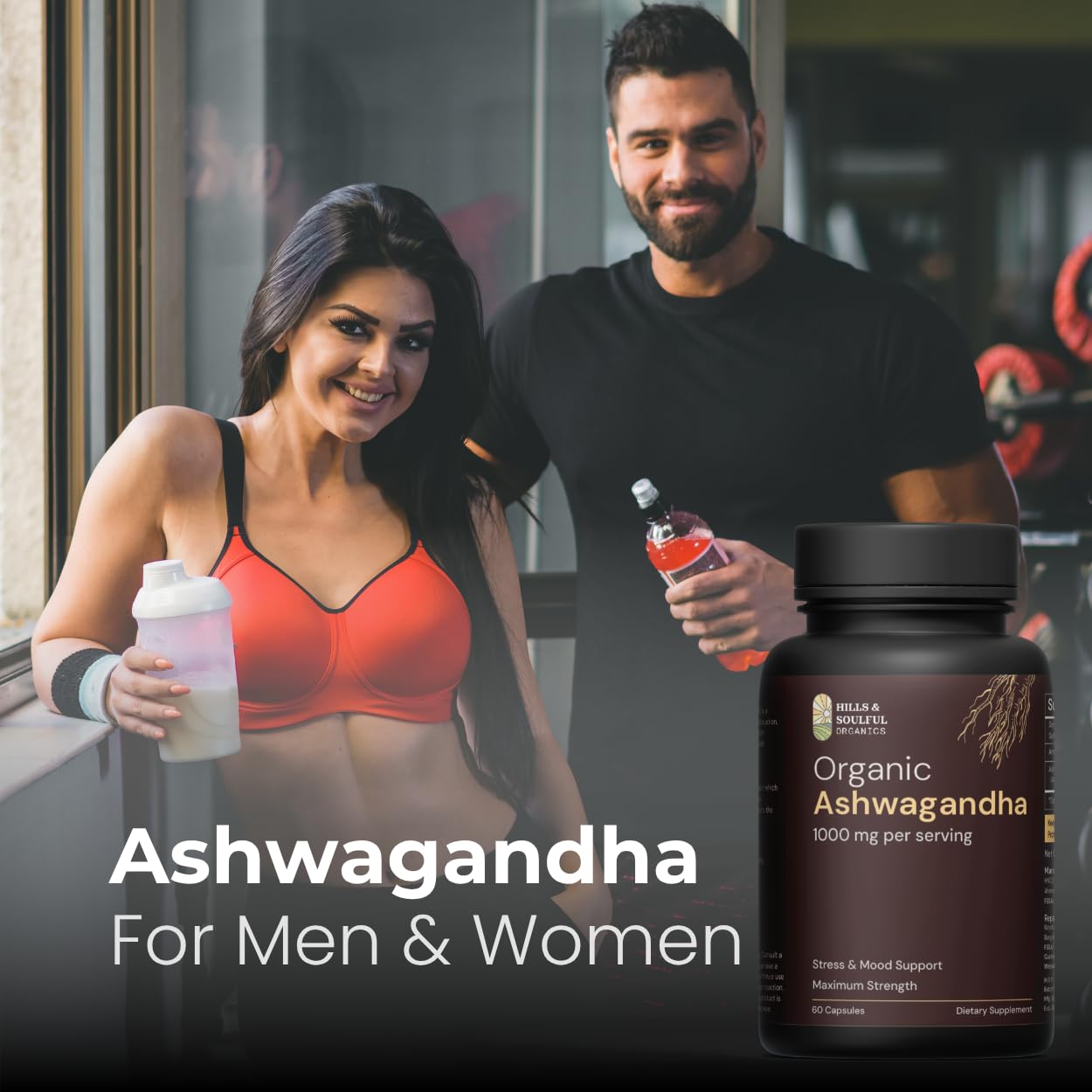 Hills and Soulful Organics Ashwagandha Root Powder Capsules, 1000mg, 60 Count, Vegetarian - front view