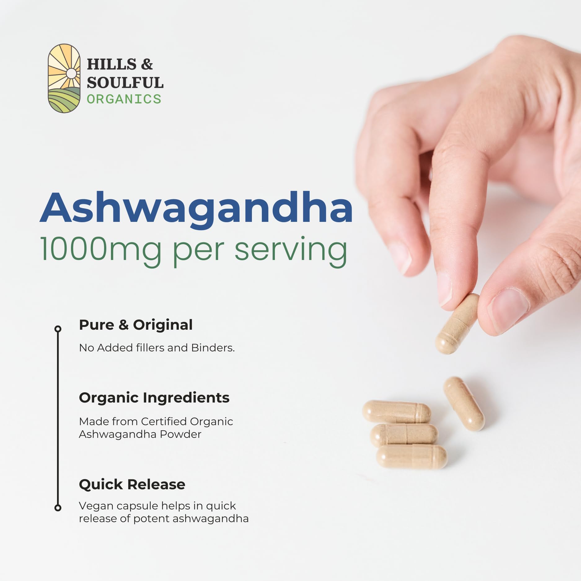Hills and Soulful Organics Ashwagandha Root Powder Capsules, 1000mg, 60 Count, Vegetarian - back view