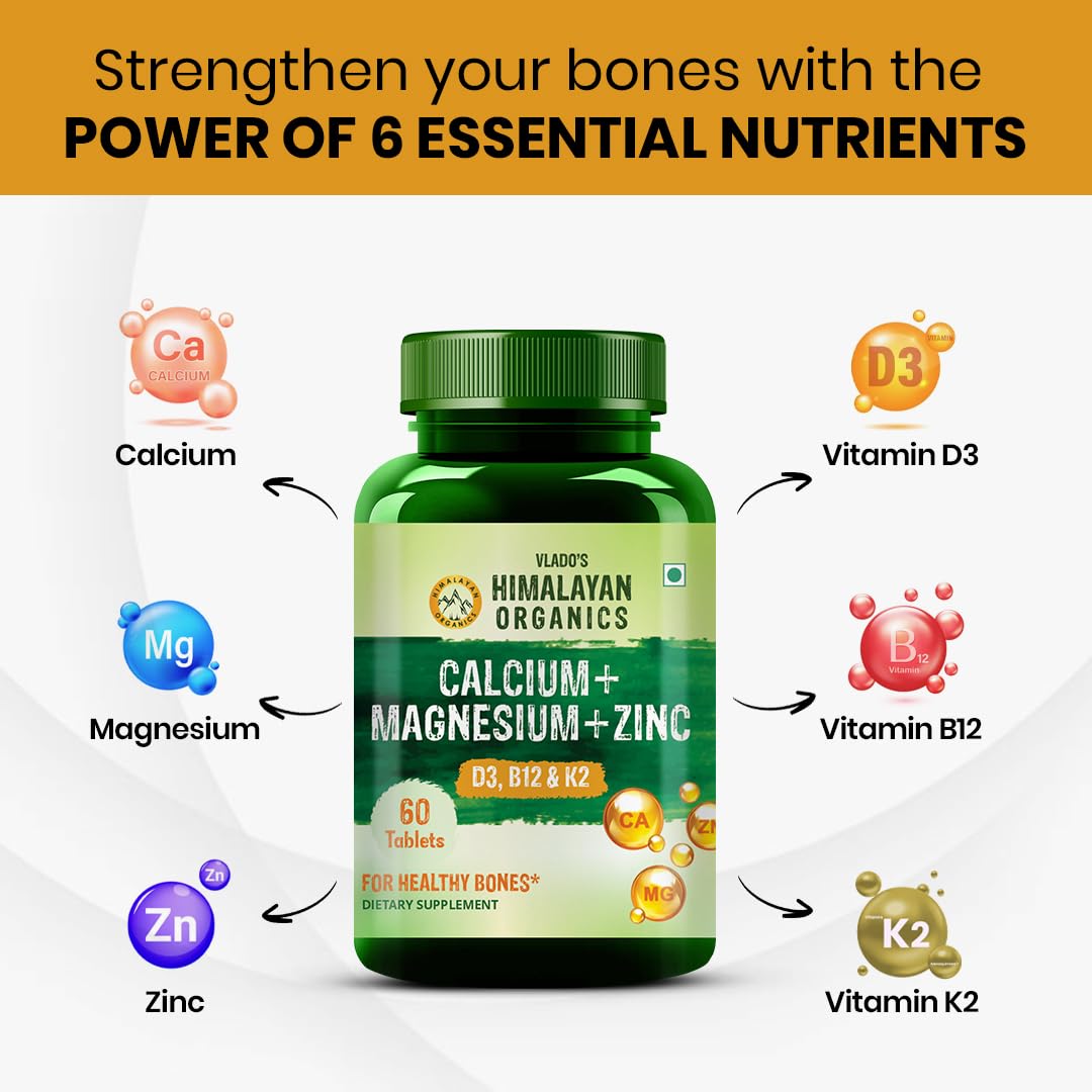 Himalayan Organics Calcium Magnesium Zinc Supplement with Vitamins D3, B12, K2, Vegetarian Tablets - packaging