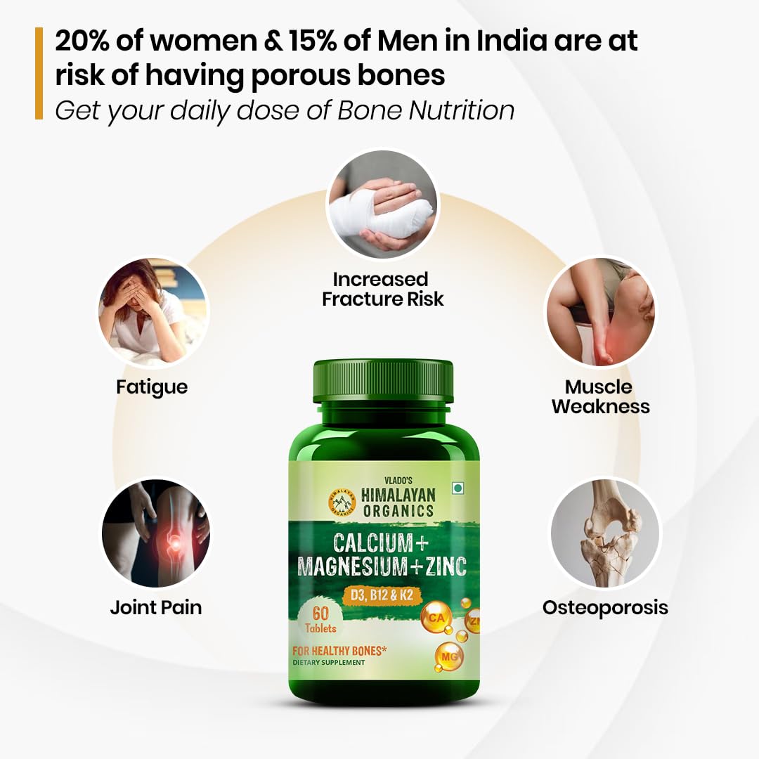 Himalayan Organics Calcium Magnesium Zinc Supplement with Vitamins D3, B12, K2, Vegetarian Tablets - ingredients panel