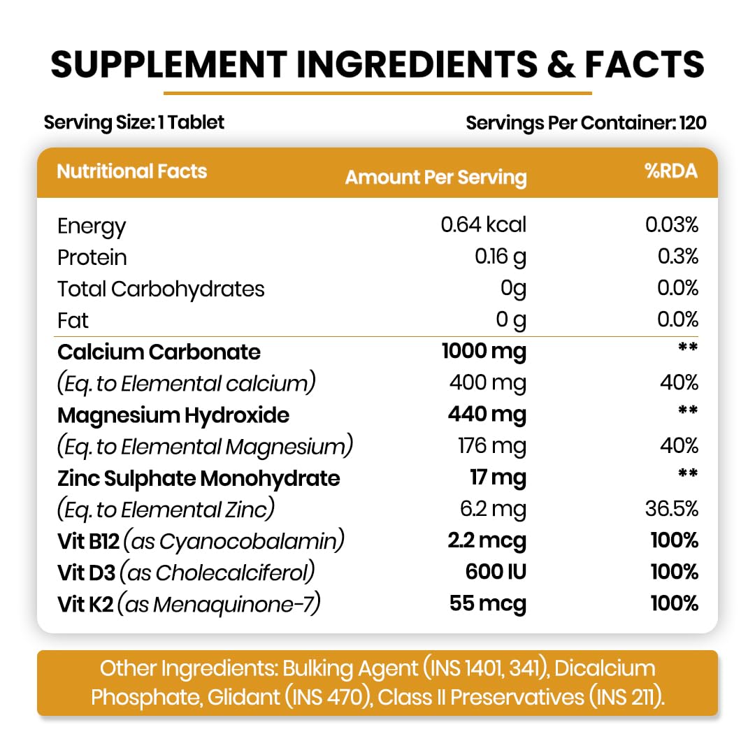 Himalayan Organics Calcium Magnesium Zinc Supplement with Vitamins D3, B12, K2, Vegetarian Tablets - front view (18)