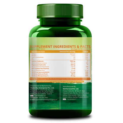 Himalayan Organics Calcium Magnesium Zinc Supplement with Vitamins D3, B12, K2, Vegetarian Tablets - back view