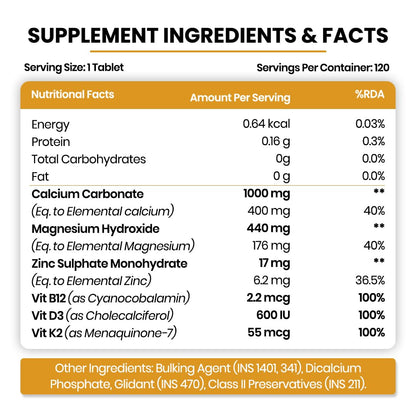 Himalayan Organics Calcium Magnesium Zinc Supplement with Vitamins D3, B12, K2, Vegetarian Tablets - front view (9)