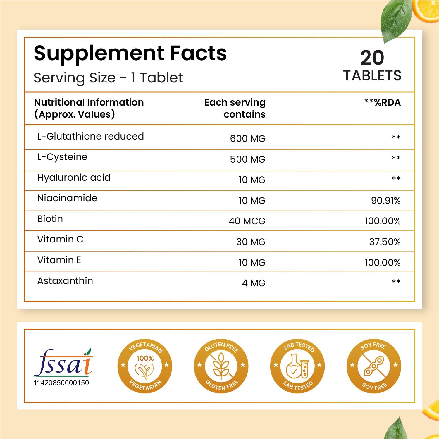 HIMALAYAN ORGANICS L-Glutathione Effervescent Tablets, 1150mg, 20 Count (Pack of 1) - front view