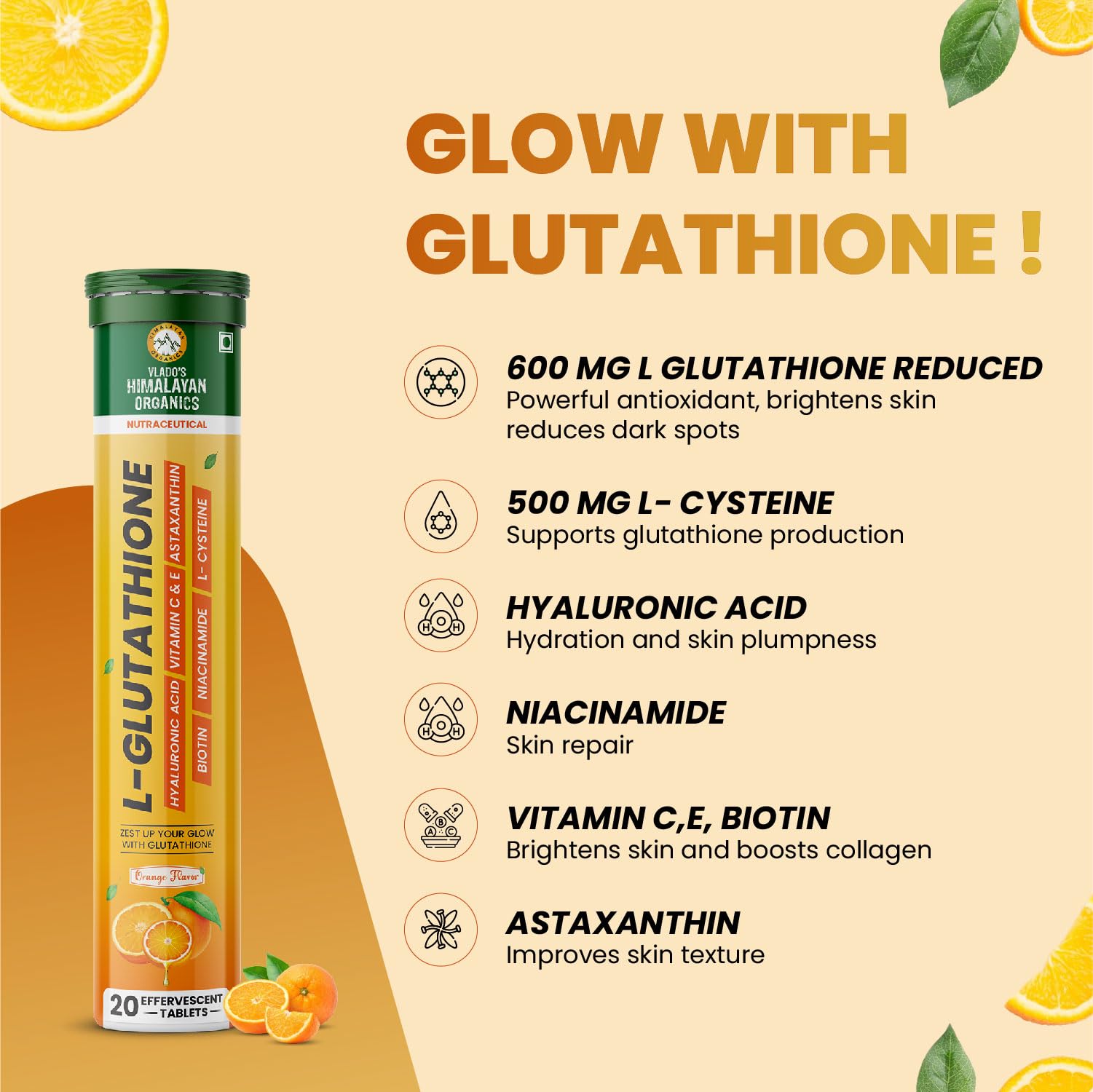 HIMALAYAN ORGANICS L-Glutathione Effervescent Tablets, 1150mg, 20 Count (Pack of 1) - packaging
