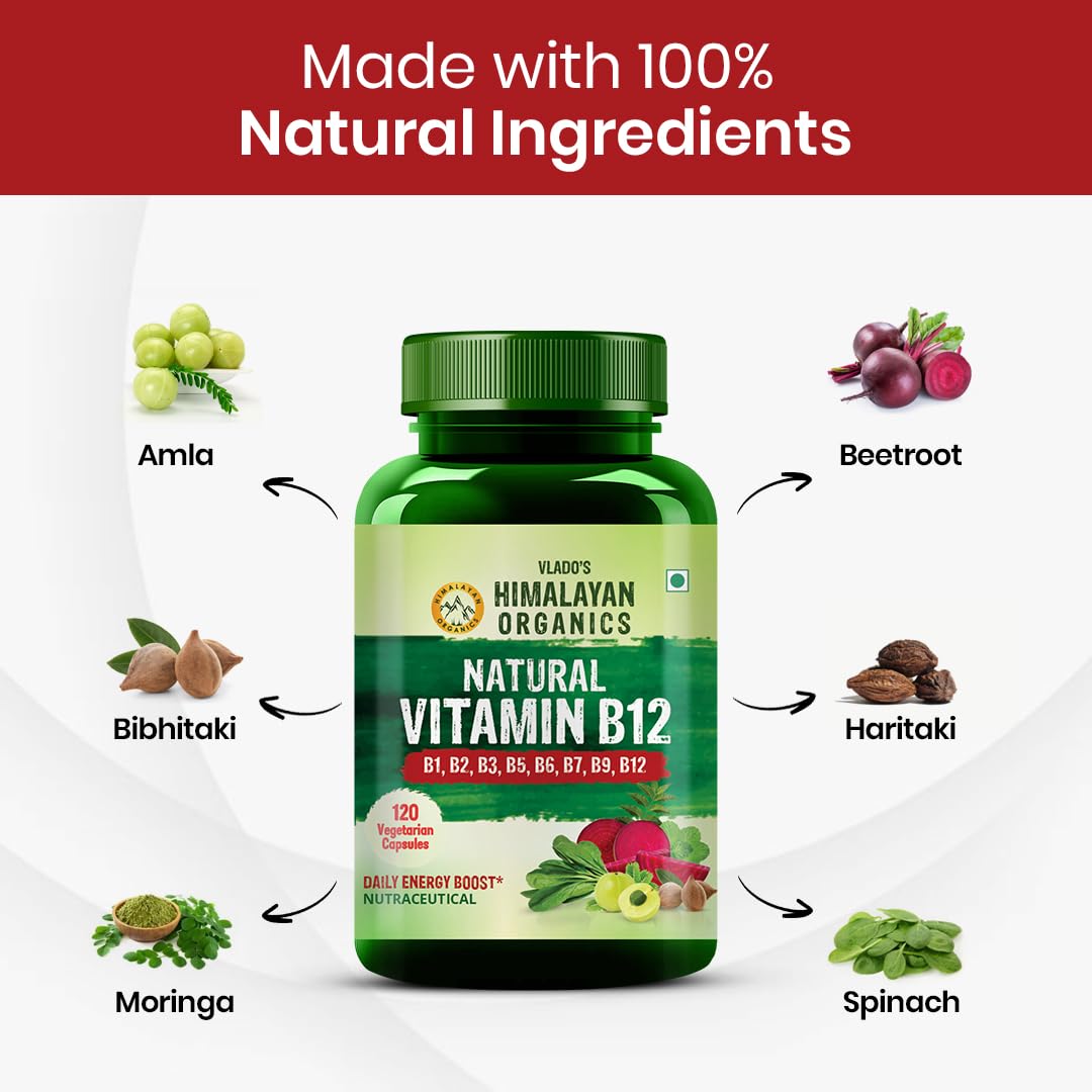 Himalayan Organics Vitamin B12 Supplement, Plant Based B-Complex with Moringa, Veg Tablets - size and scale