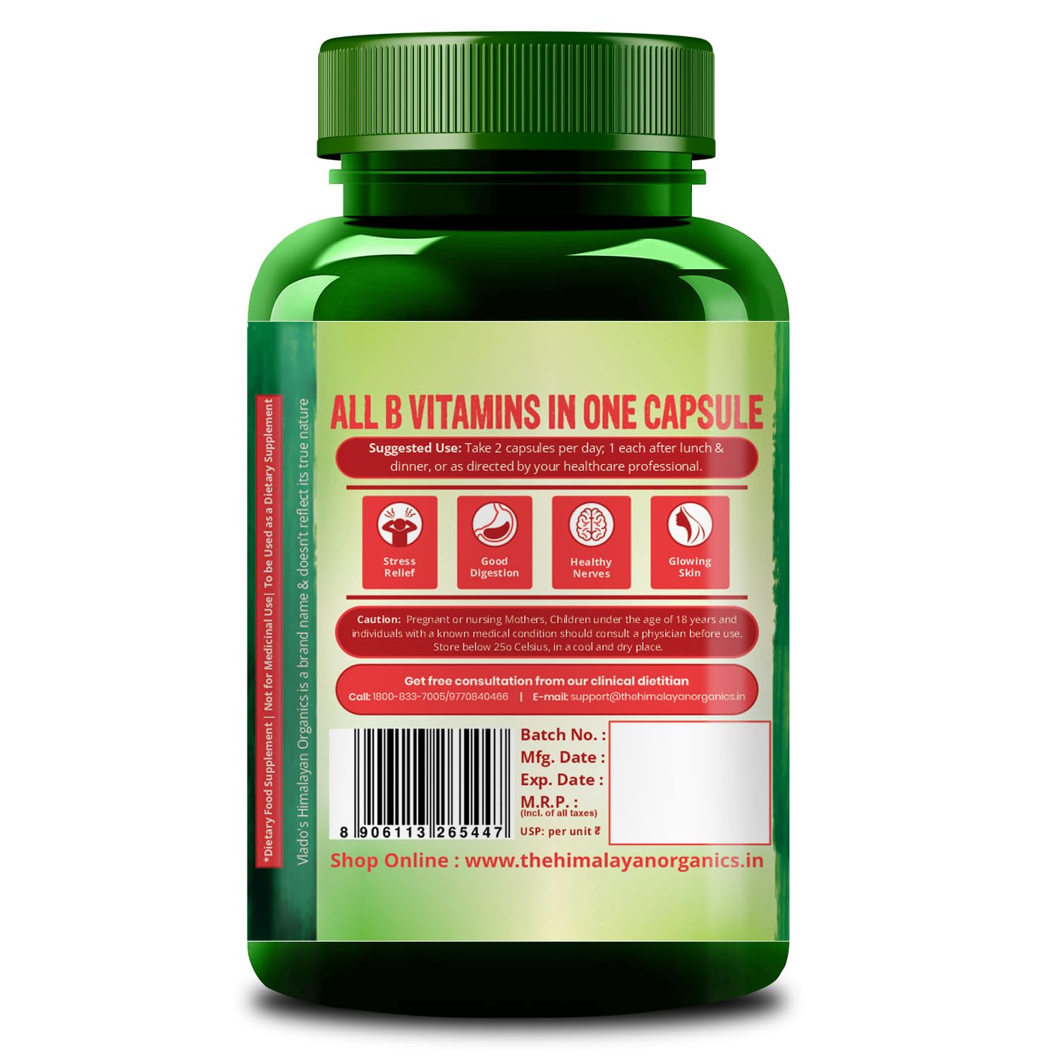 Himalayan Organics Vitamin B12 Supplement, Plant Based B-Complex with Moringa, Veg Tablets - back view