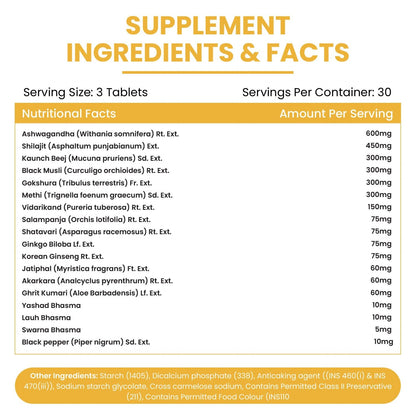 HIMALAYAN ORGANICS Vlado's Men's Supplement, 90 Veg Tablets, 2800mg+ with Ashwagandha, Shilajit, Kaunch Beej - front view
