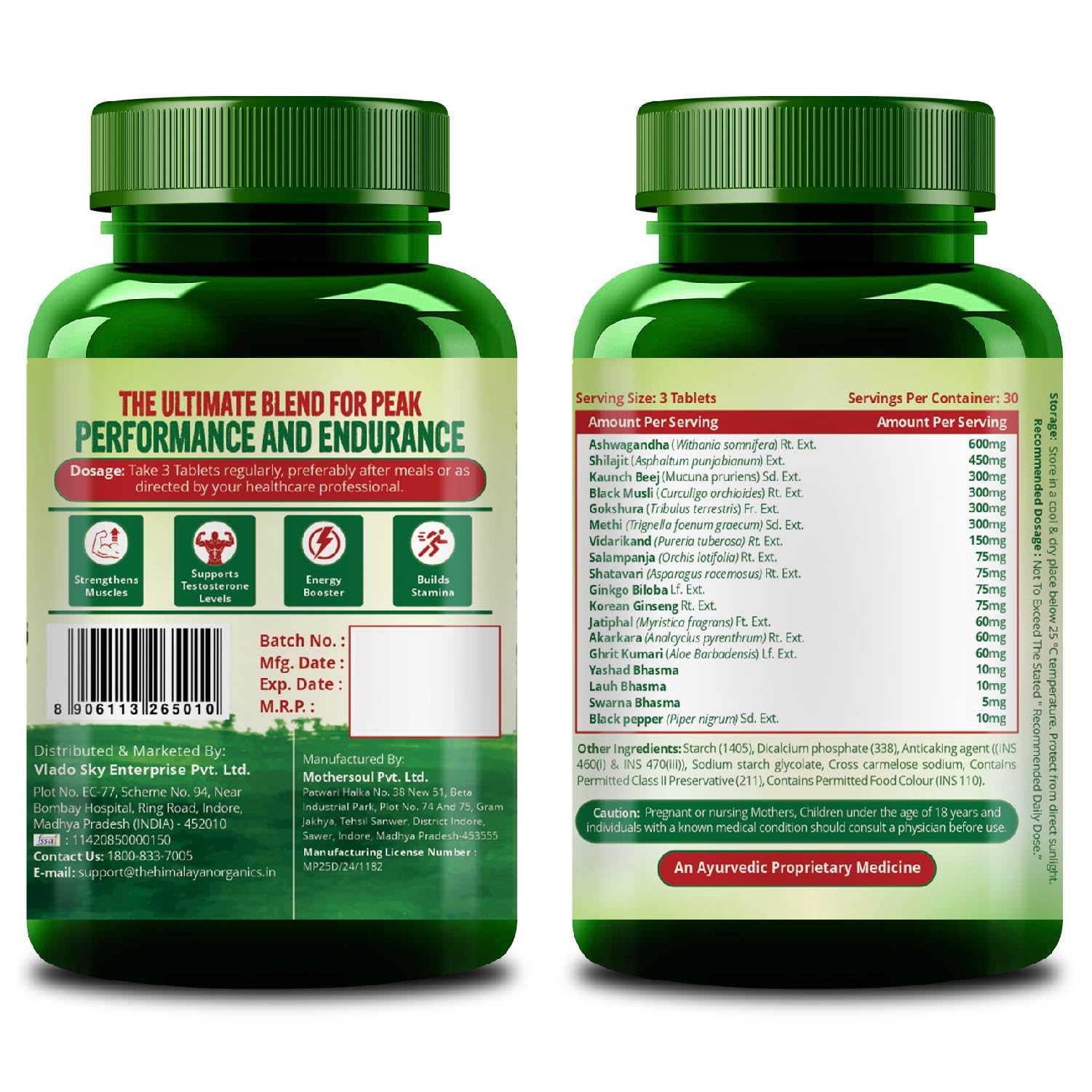 HIMALAYAN ORGANICS Vlado's Men's Supplement, 90 Veg Tablets, 2800mg+ with Ashwagandha, Shilajit, Kaunch Beej - size and scale