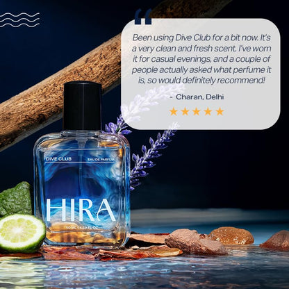 HIRA Dive Club Eau De Parfum for Men, 50ml, Fresh Woody Musky Spicy Fragrance - ingredients panel