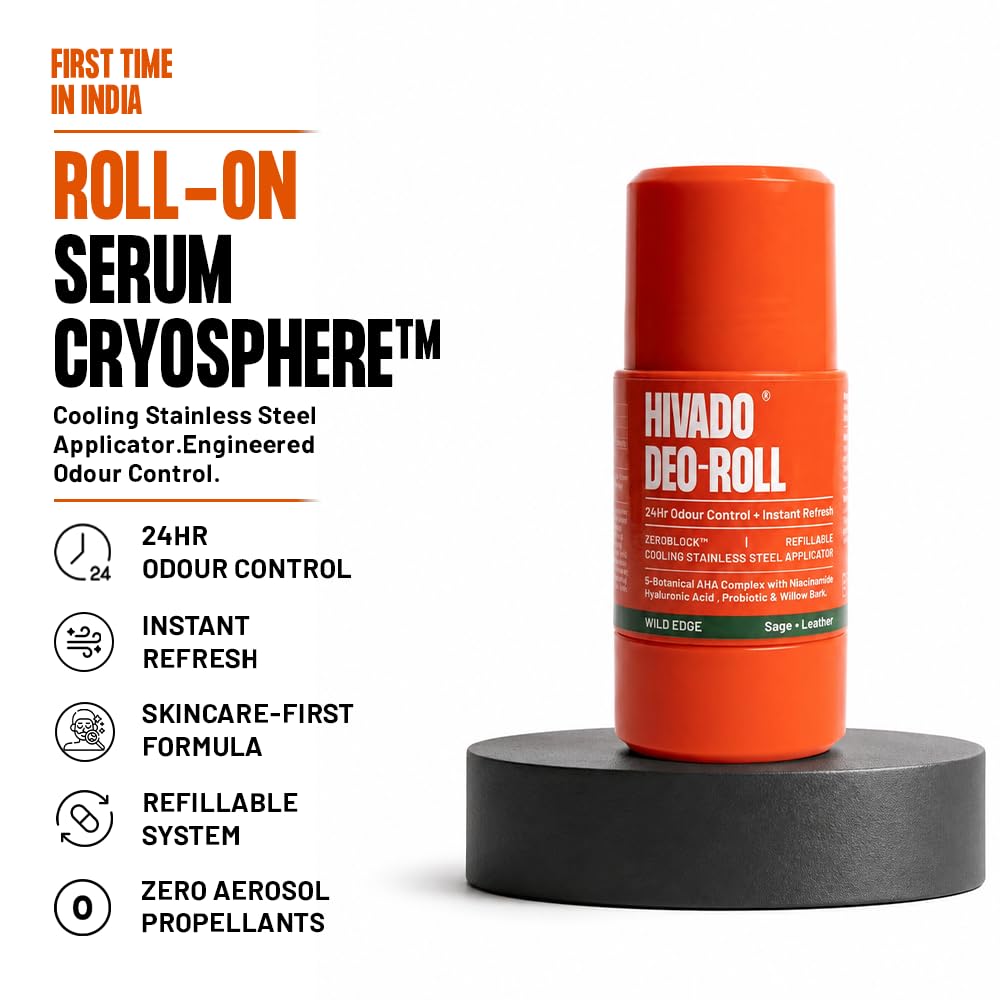 HIVADO Refillable Roll-On Deodorant 40ml with Cooling Stainless Steel Ball Applicator, Aluminium-Free, Alcohol-Free, Unisex -