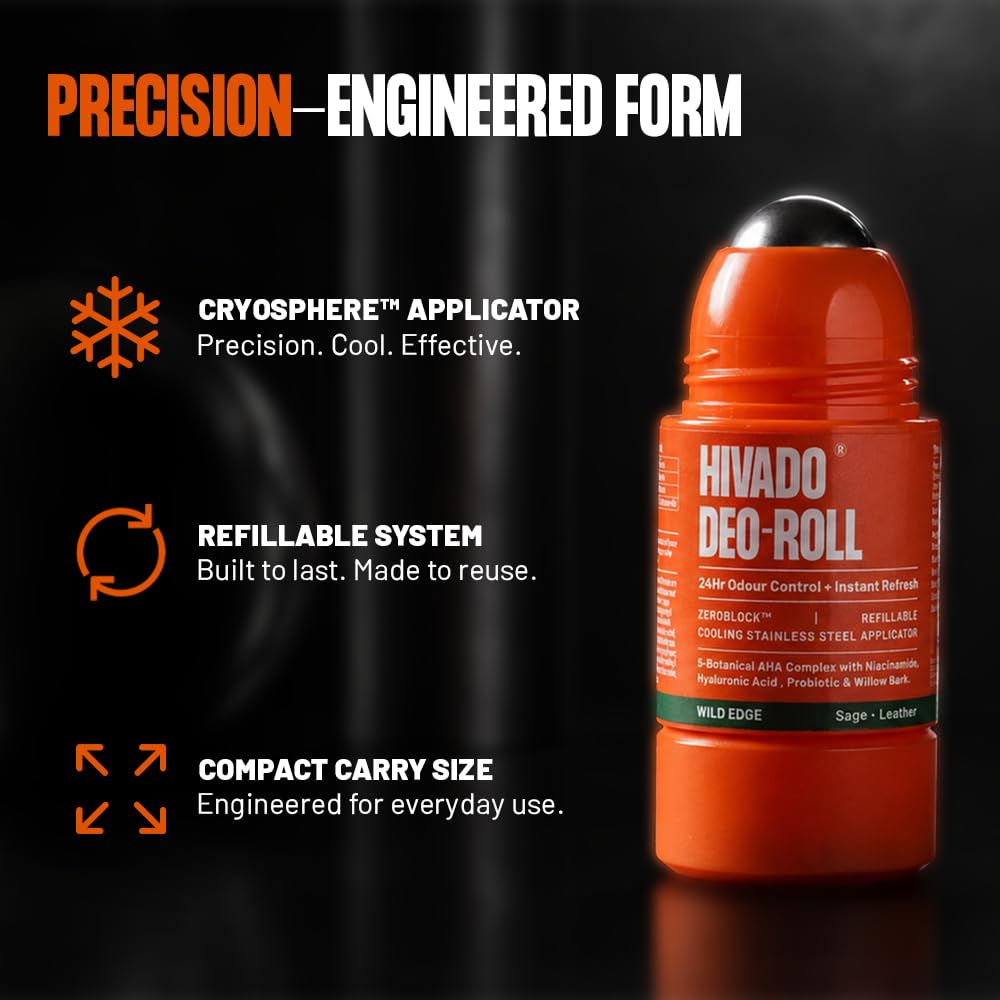 HIVADO Refillable Roll-On Deodorant 40ml with Cooling Stainless Steel Ball Applicator, Aluminium-Free, Alcohol-Free, Unisex -
