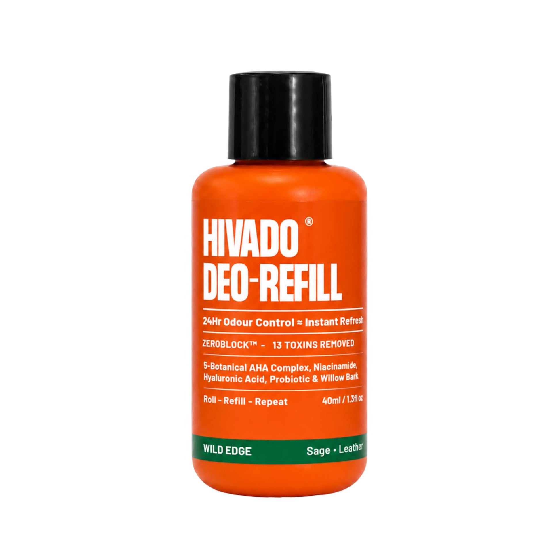 HIVADO Refillable Roll-On Deodorant 40ml with Cooling Stainless Steel Ball Applicator, Aluminium-Free, Alcohol-Free, Unisex (