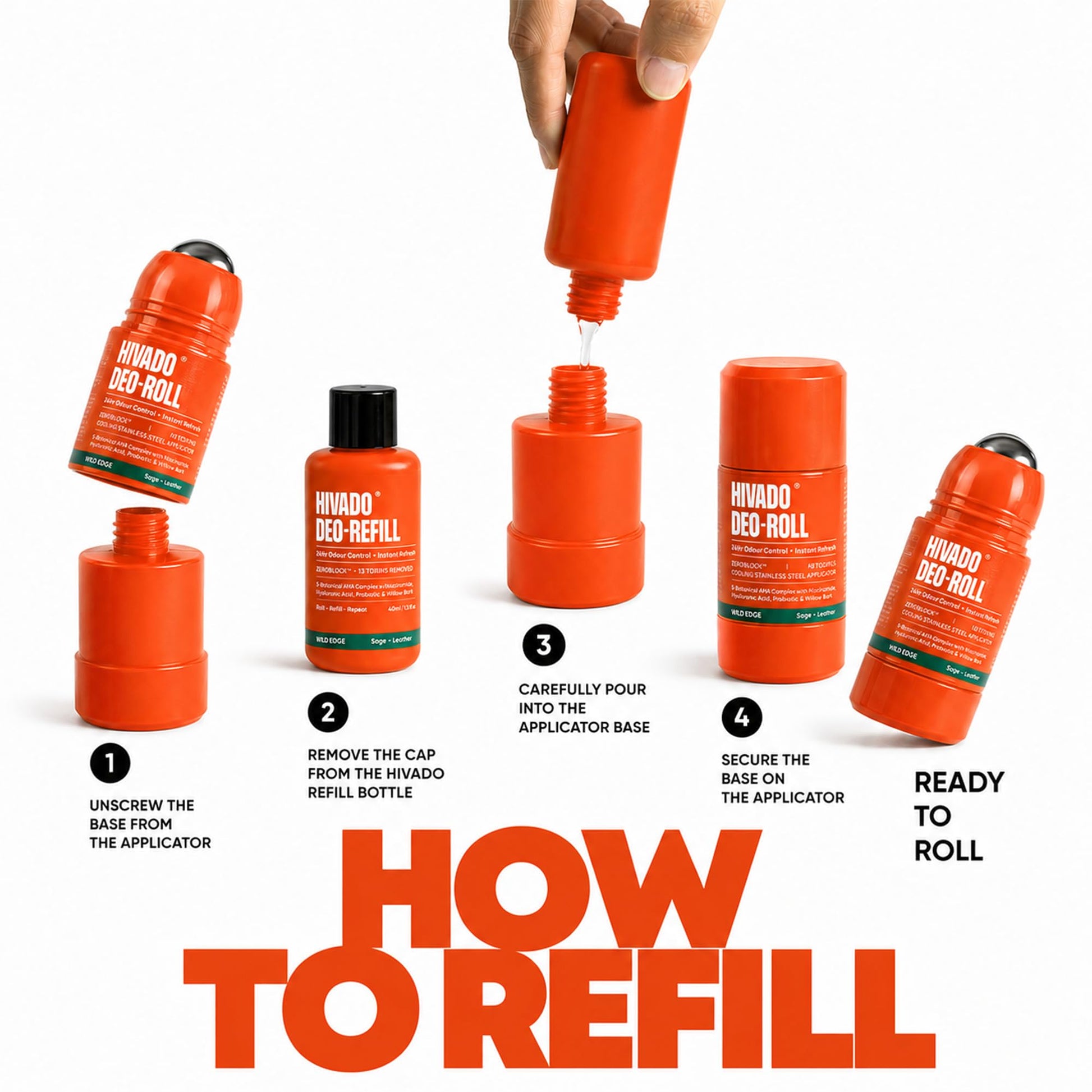 HIVADO Refillable Roll-On Deodorant 40ml with Cooling Stainless Steel Ball Applicator, Aluminium-Free, Alcohol-Free, Unisex -