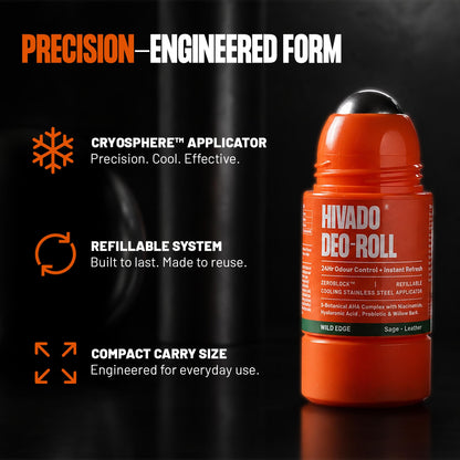 HIVADO Refillable Roll-On Deodorant 40ml with Cooling Stainless Steel Ball Applicator, Aluminium-Free, Alcohol-Free, Unisex -