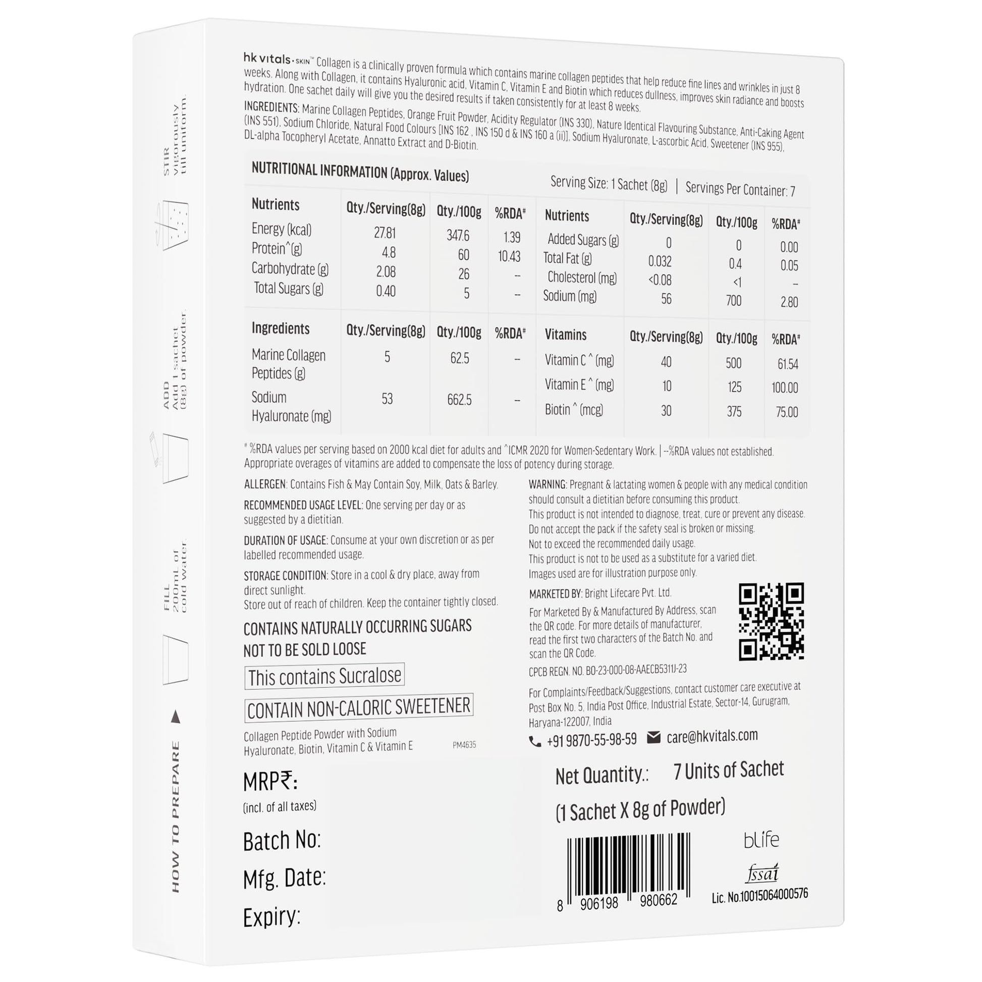 HK Vitals Collagen Powder Supplement, Marine Collagen with Vitamin C, E, Biotin and Hyaluronic Acid, Unisex Nutritional Suppl