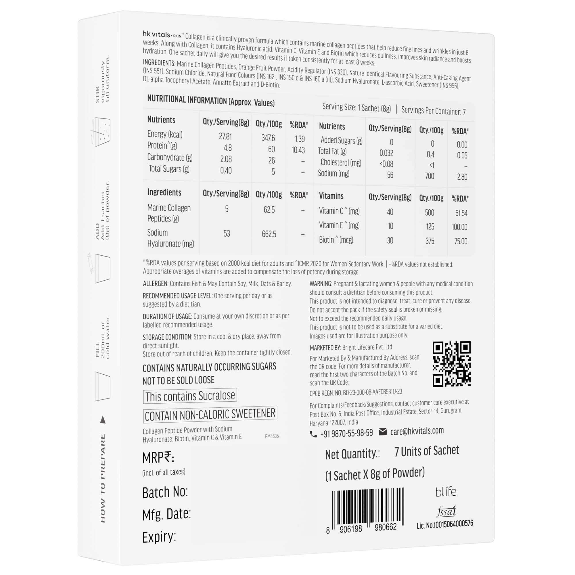 HK Vitals Collagen Powder Supplement, Marine Collagen with Vitamin C, E, Biotin and Hyaluronic Acid, Unisex Nutritional Suppl