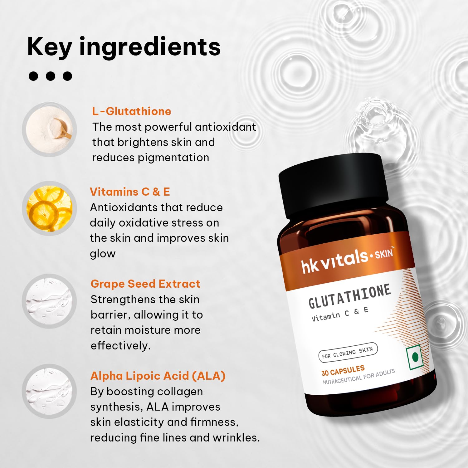 HK Vitals Glutathione, 30 Veg Capsules, Dietary Supplement with L-Glutathione and Antioxidants - packaging
