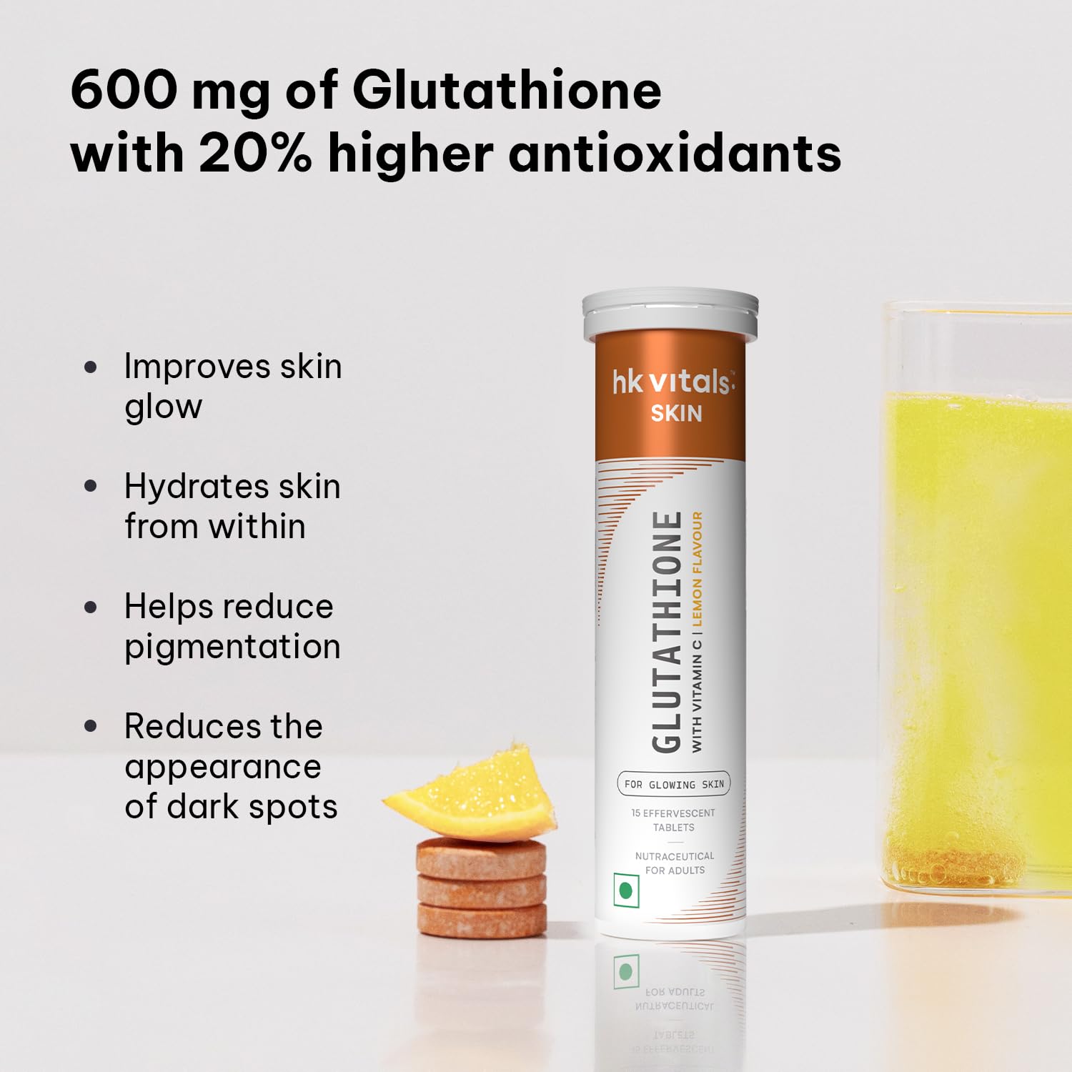 HK Vitals Glutathione Effervescent Tablets, 600mg L-Glutathione with Vitamin C & E, Nutritional Supplement, 15 Count (Pack of