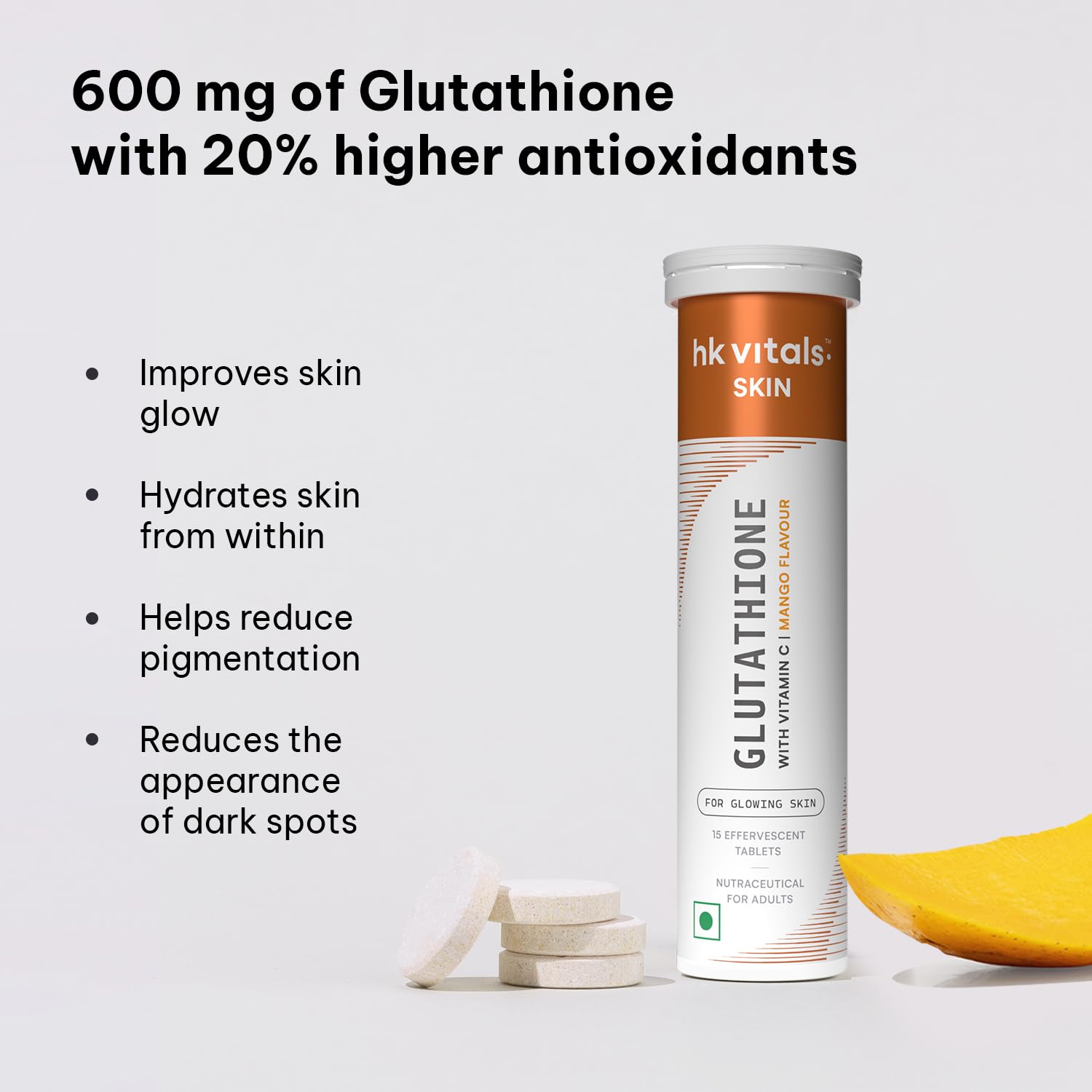HK Vitals Glutathione Effervescent Tablets, 600mg L-Glutathione with Vitamin C & E, Nutritional Supplement, 15 Count (Pack of
