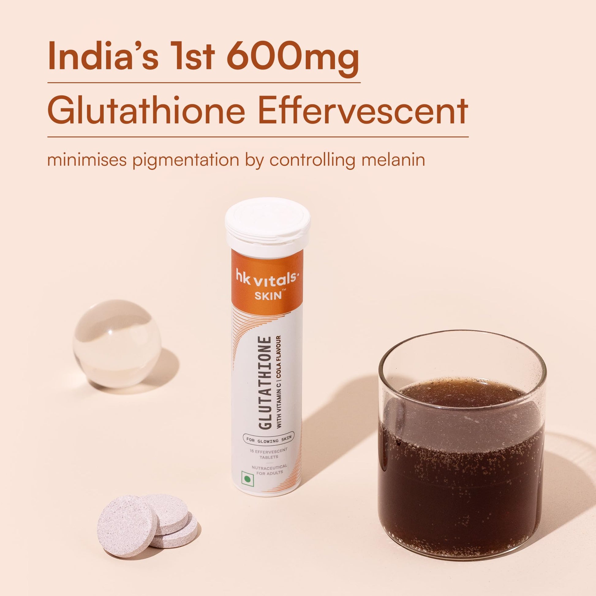 HK Vitals Glutathione Effervescent Tablets, 600mg L-Glutathione with Vitamin C & E, Nutritional Supplement, 15 Count (Pack of