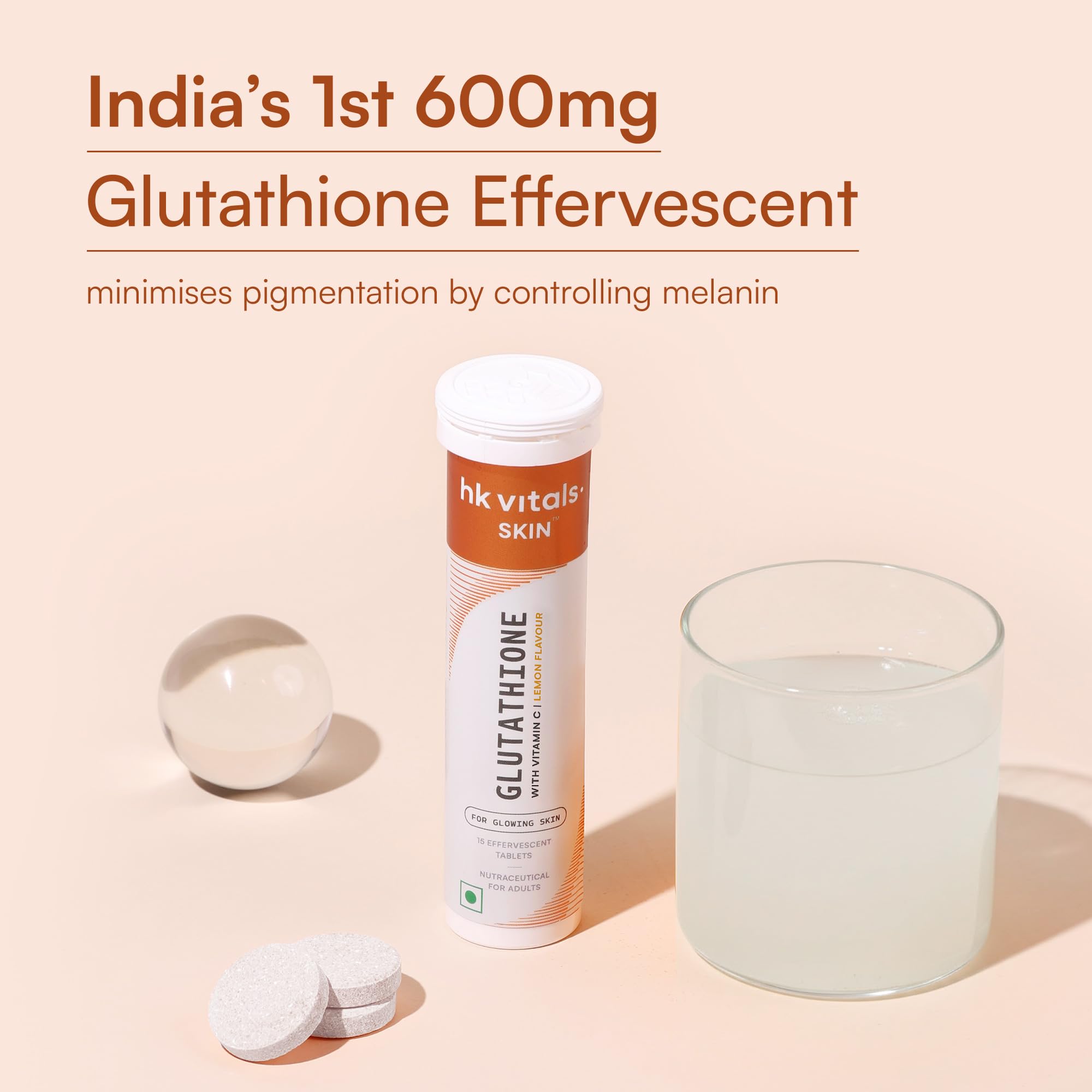 HK Vitals Glutathione Effervescent Tablets, 600mg L-Glutathione with Vitamin C & E, Nutritional Supplement, 15 Count (Pack of