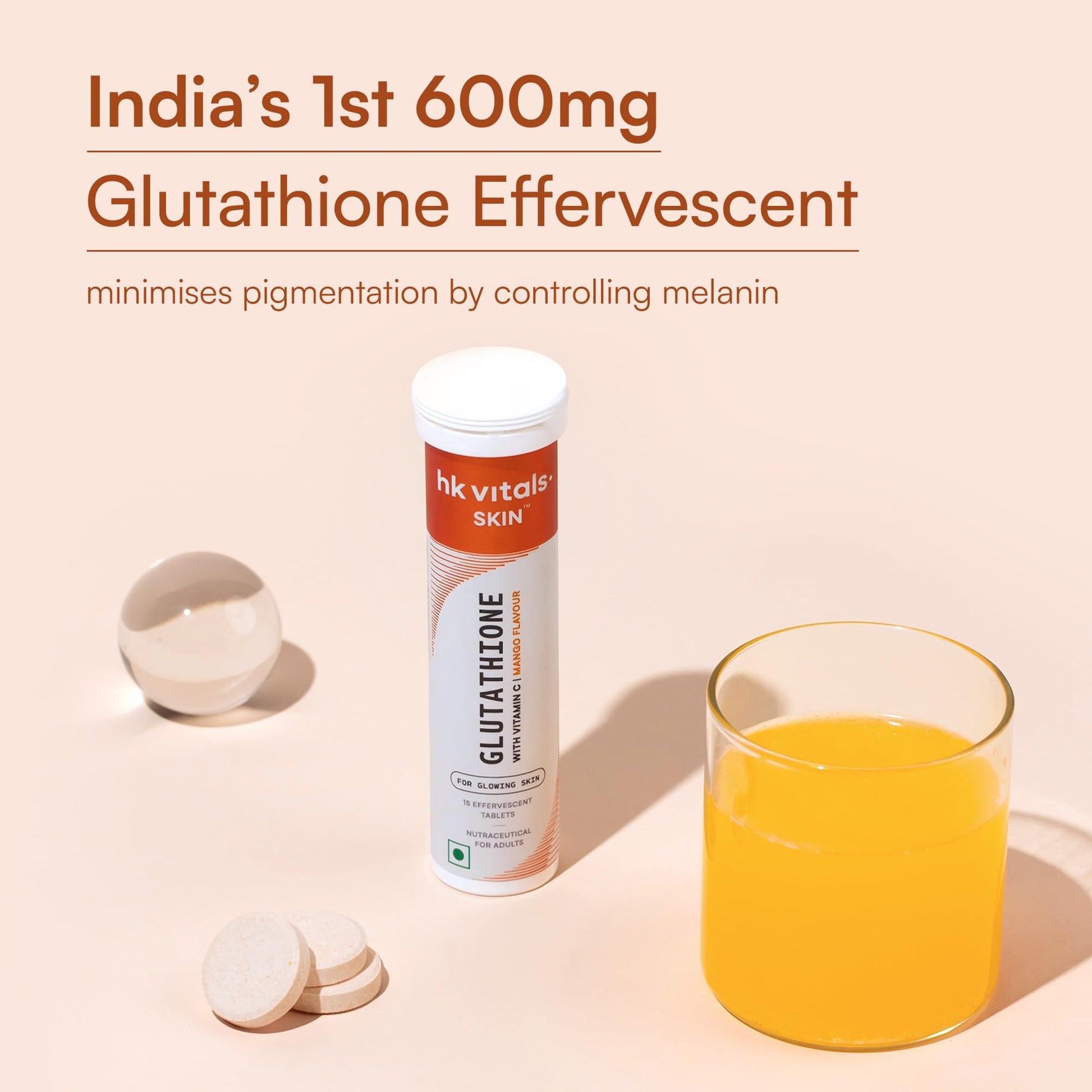 HK Vitals Glutathione Effervescent Tablets, 600mg L-Glutathione with Vitamin C & E, Nutritional Supplement, 15 Count (Pack of