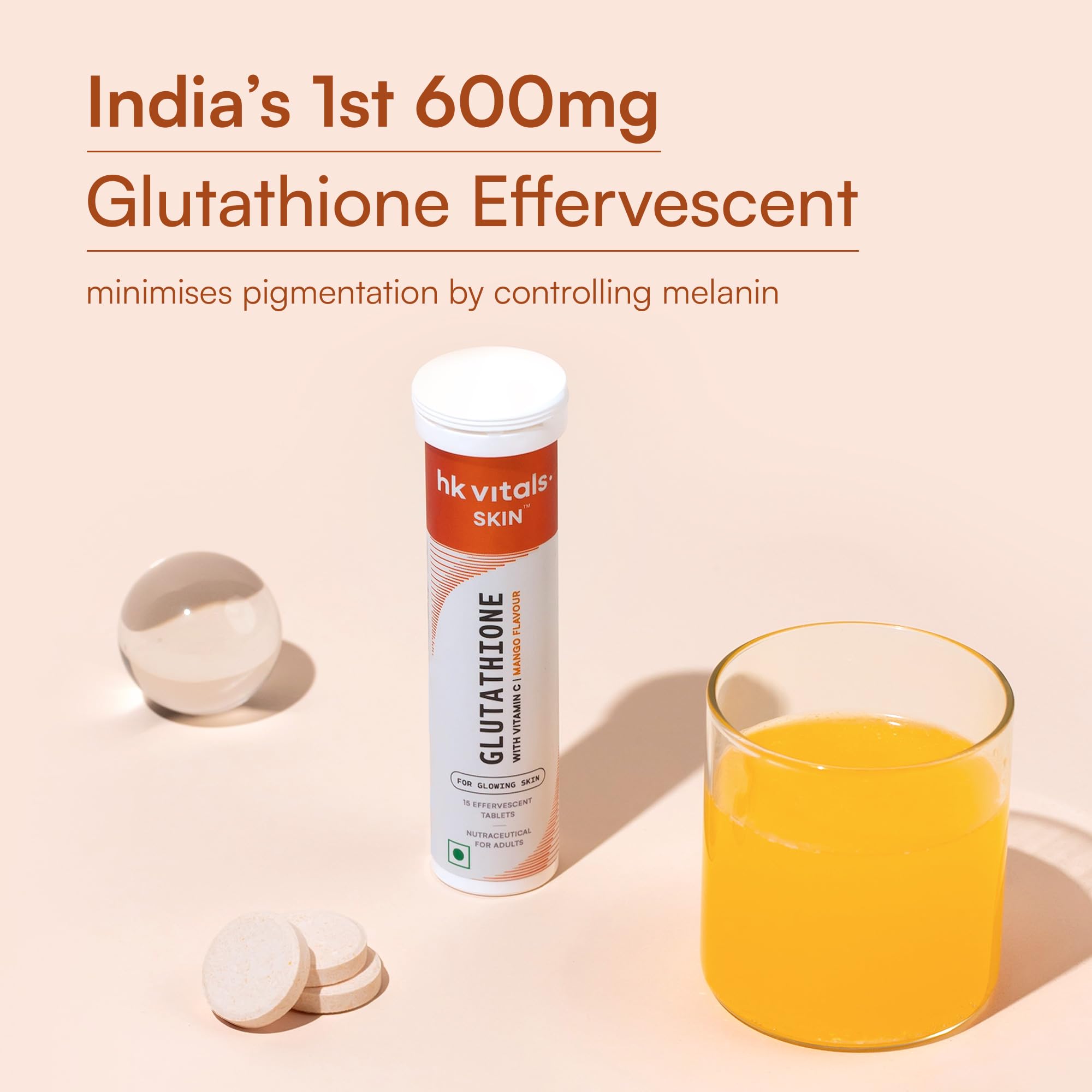HK Vitals Glutathione Effervescent Tablets, 600mg L-Glutathione with Vitamin C & E, Nutritional Supplement, 15 Count (Pack of