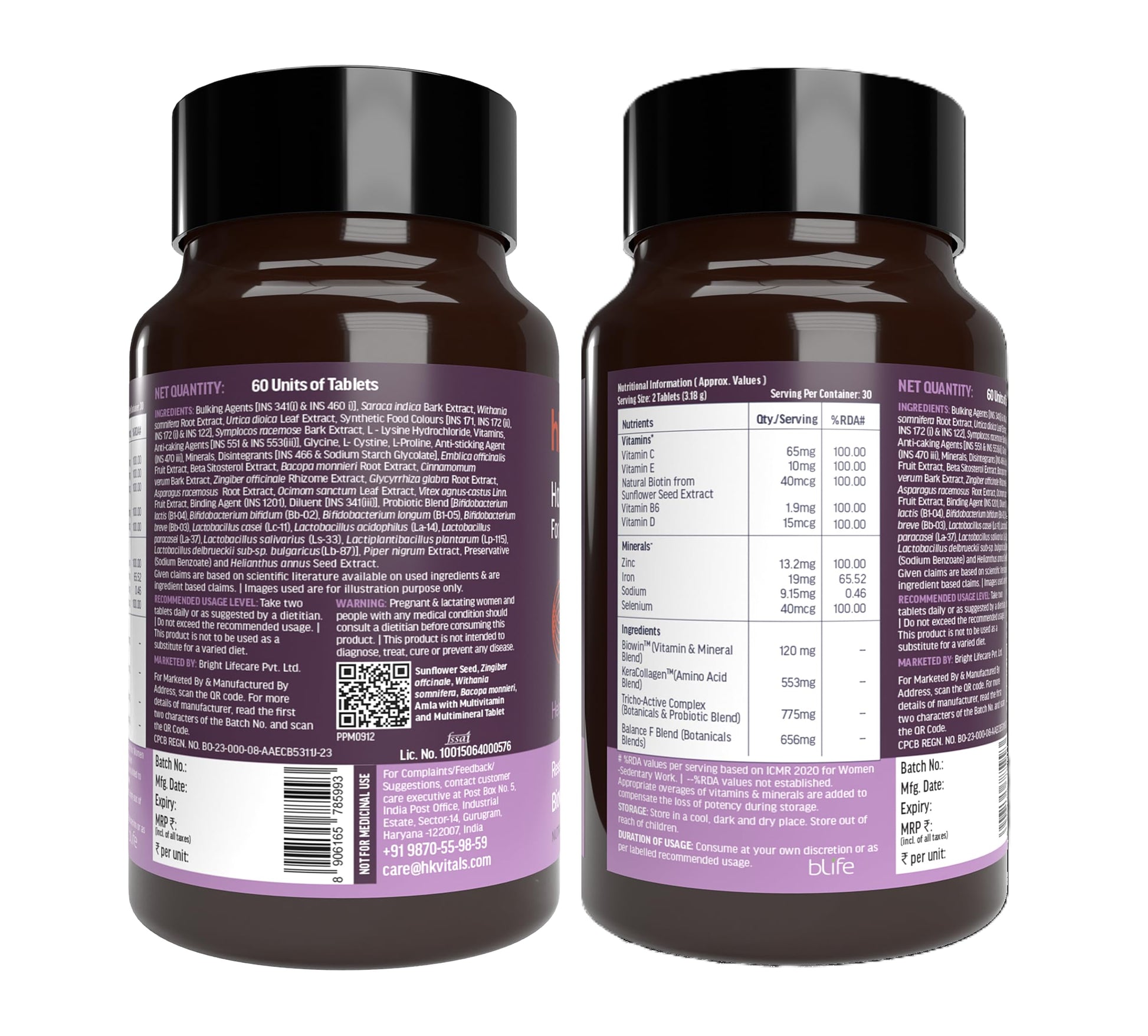 HK Vitals Hair Vitamins for Women, Vitamin B7 Biotin Tablets with Ashwagandha Tulsi Amla, Adult Dietary Supplement - ingredie