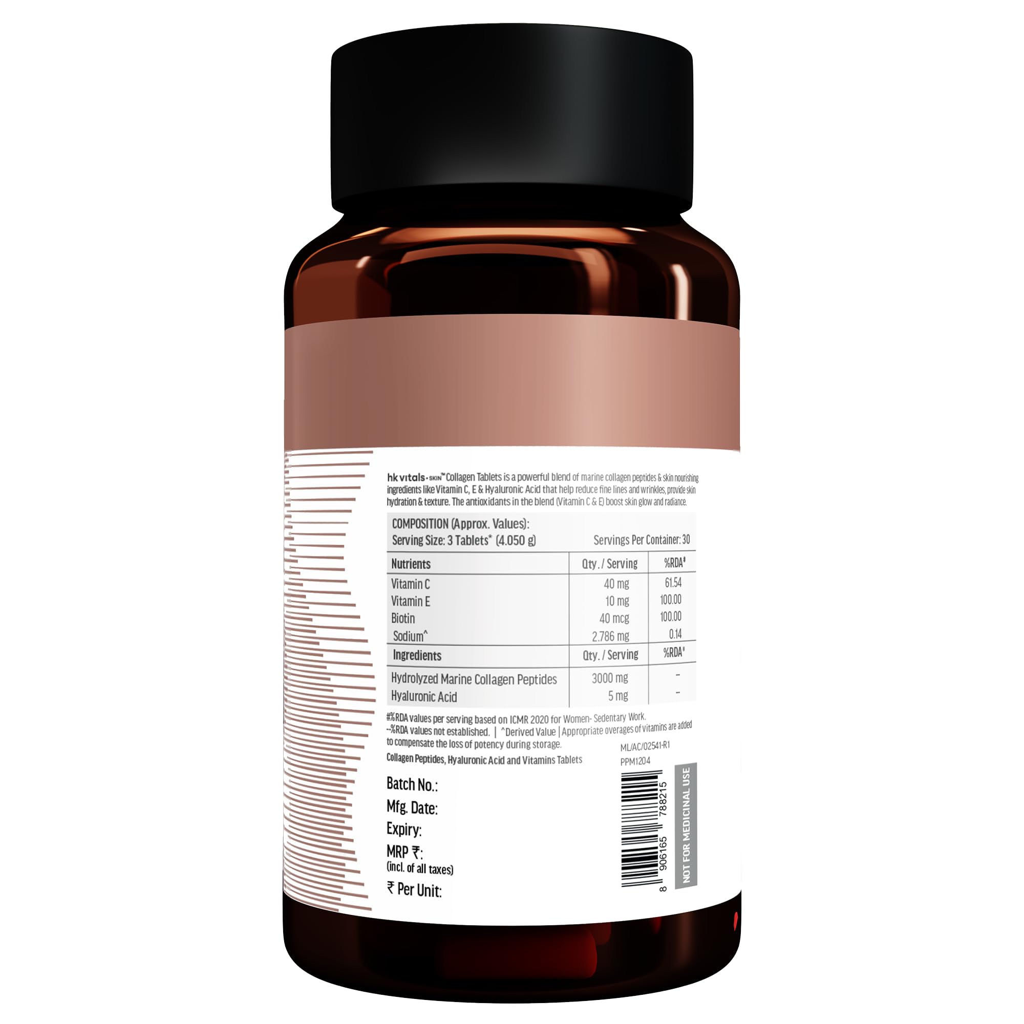 HK Vitals Marine Collagen Peptides, 90 Tablets, Unflavoured, Adult Nutritional Supplement - close-up detail