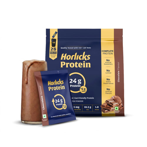 Horlicks Protein Powder 1 Kg Pack| 24g Protein | 4g Fibre|Chocolate Flavour |28 Daily Use Sachets | Fermented Yeast Isolate |