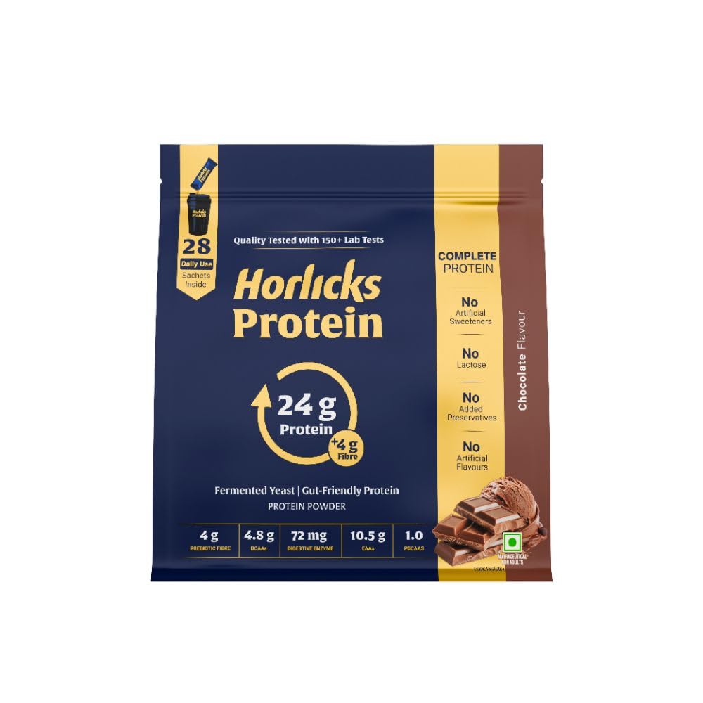 Horlicks Protein Powder 1 Kg Pack| 24g Protein | 4g Fibre|Chocolate Flavour |28 Daily Use Sachets | Fermented Yeast Isolate |