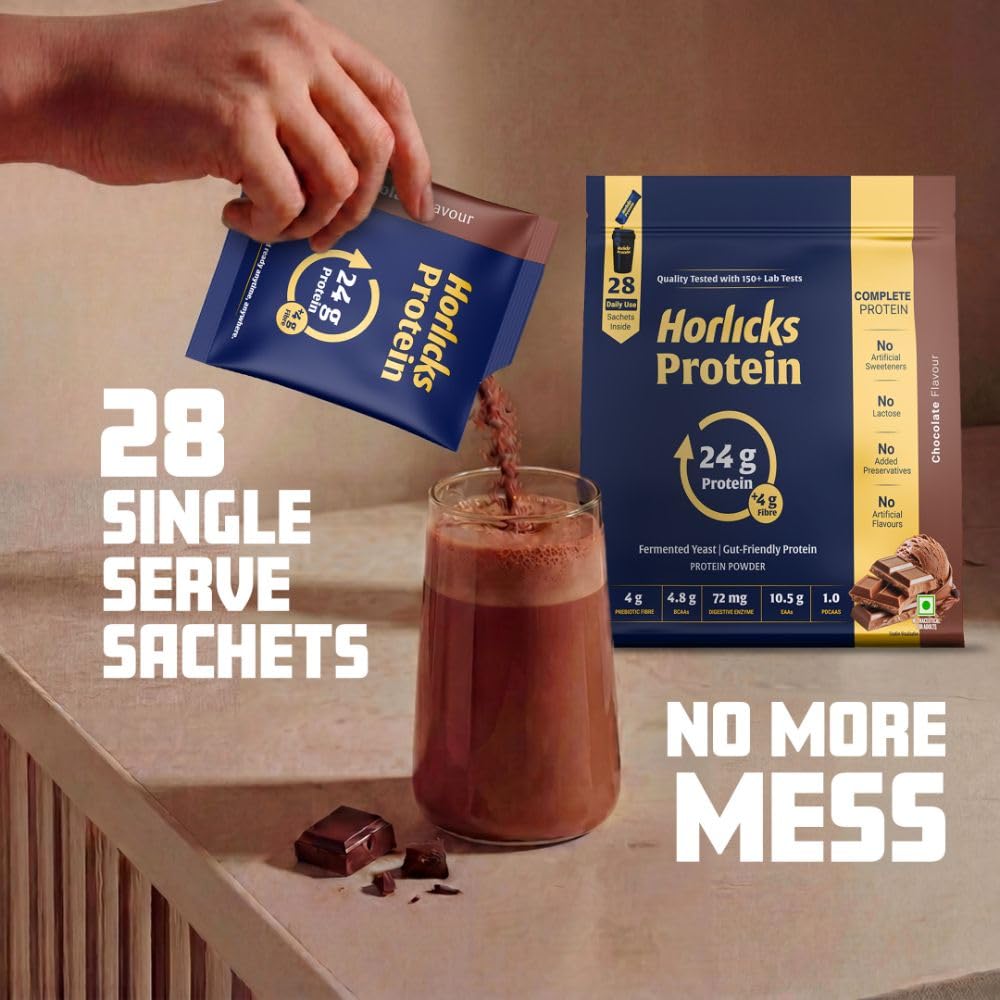 Horlicks Protein Powder 1 Kg Pack| 24g Protein | 4g Fibre|Chocolate Flavour |28 Daily Use Sachets | Fermented Yeast Isolate |