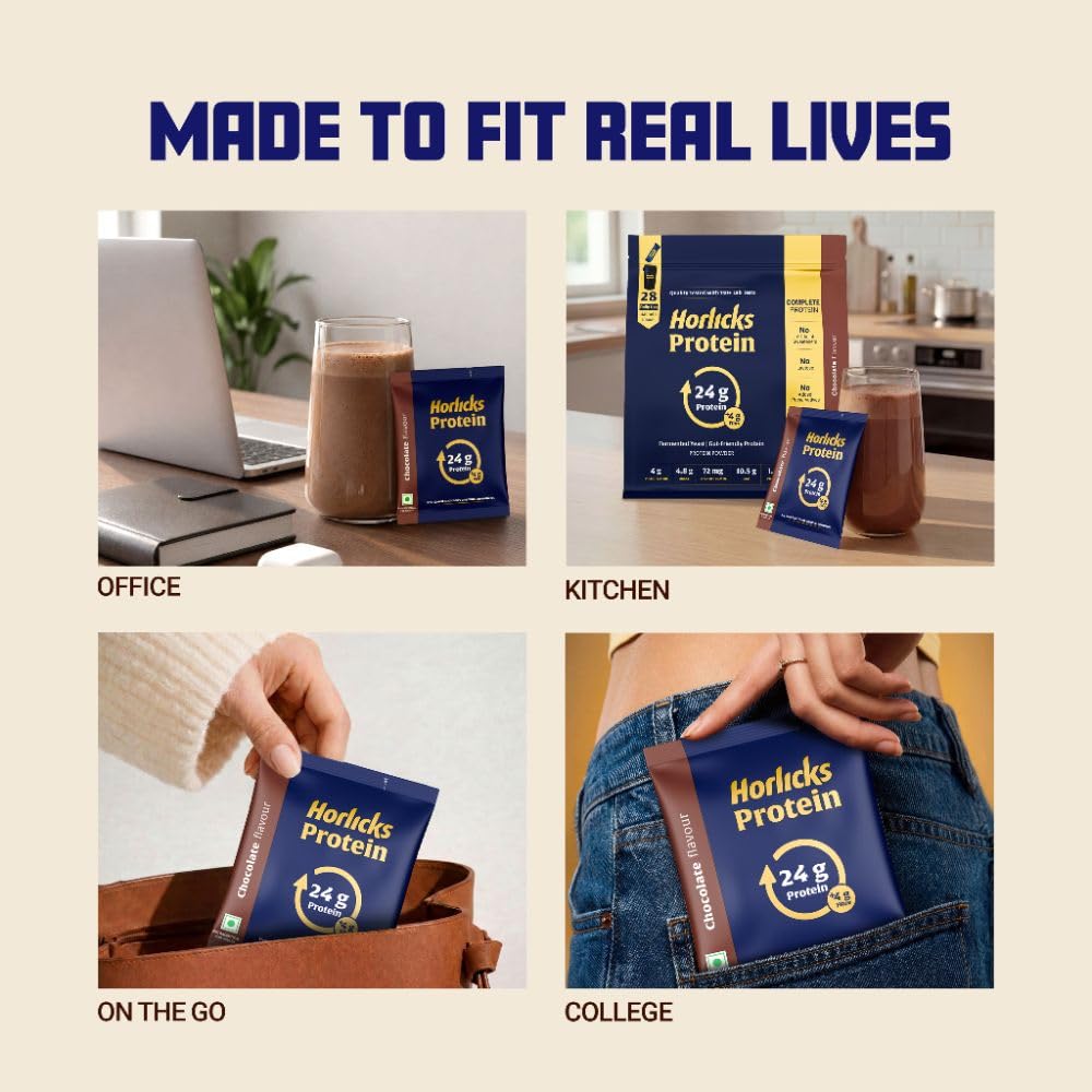 Horlicks Protein Powder 1 Kg Pack| 24g Protein | 4g Fibre|Chocolate Flavour |28 Daily Use Sachets | Fermented Yeast Isolate |