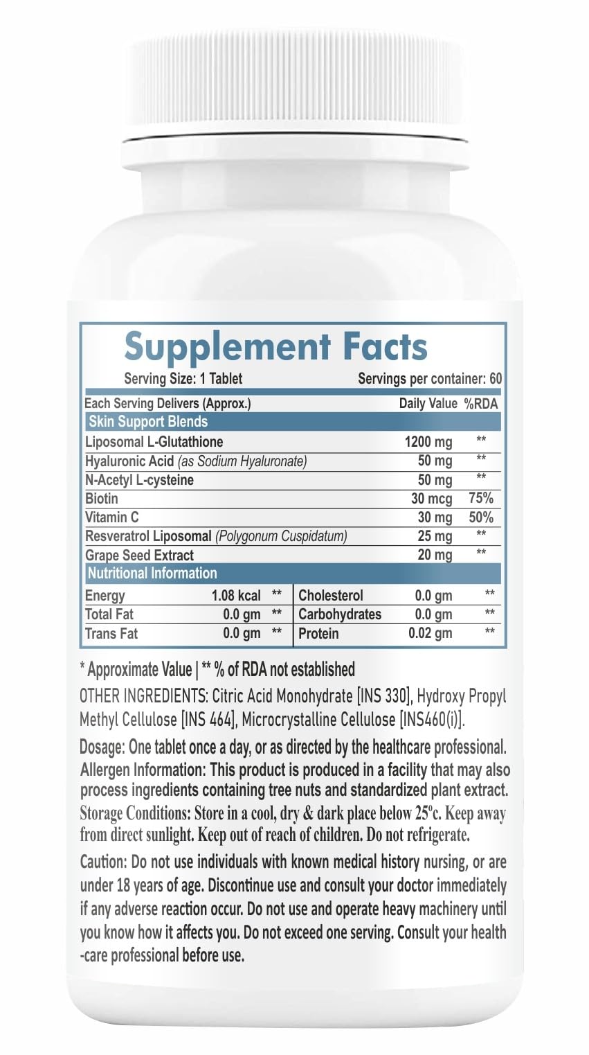 HXN Liposomal Glutathione Tablets, 1200mg Formula with Hyaluronic Acid, Resveratrol, Vitamin C, 60 Count - ingredients panel