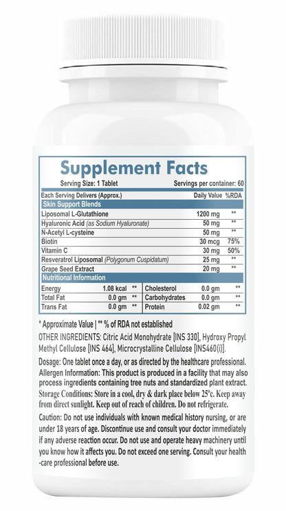 HXN Liposomal Glutathione Tablets, 1200mg Formula with Hyaluronic Acid, Resveratrol, Vitamin C, 60 Count - ingredients panel