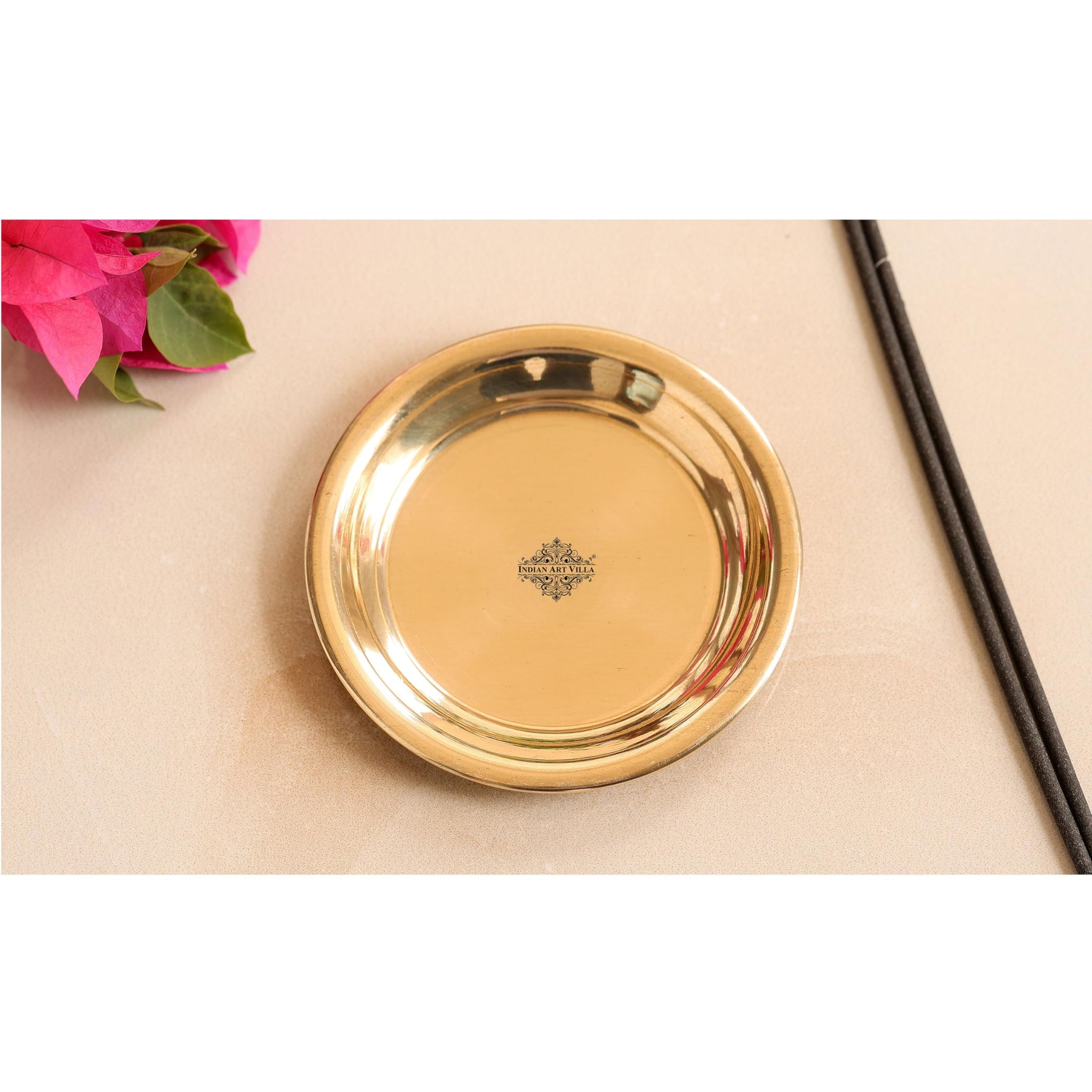 INDIAN ART VILLA Brass Pooja Thali, Golden, Home Temple Decor - front view